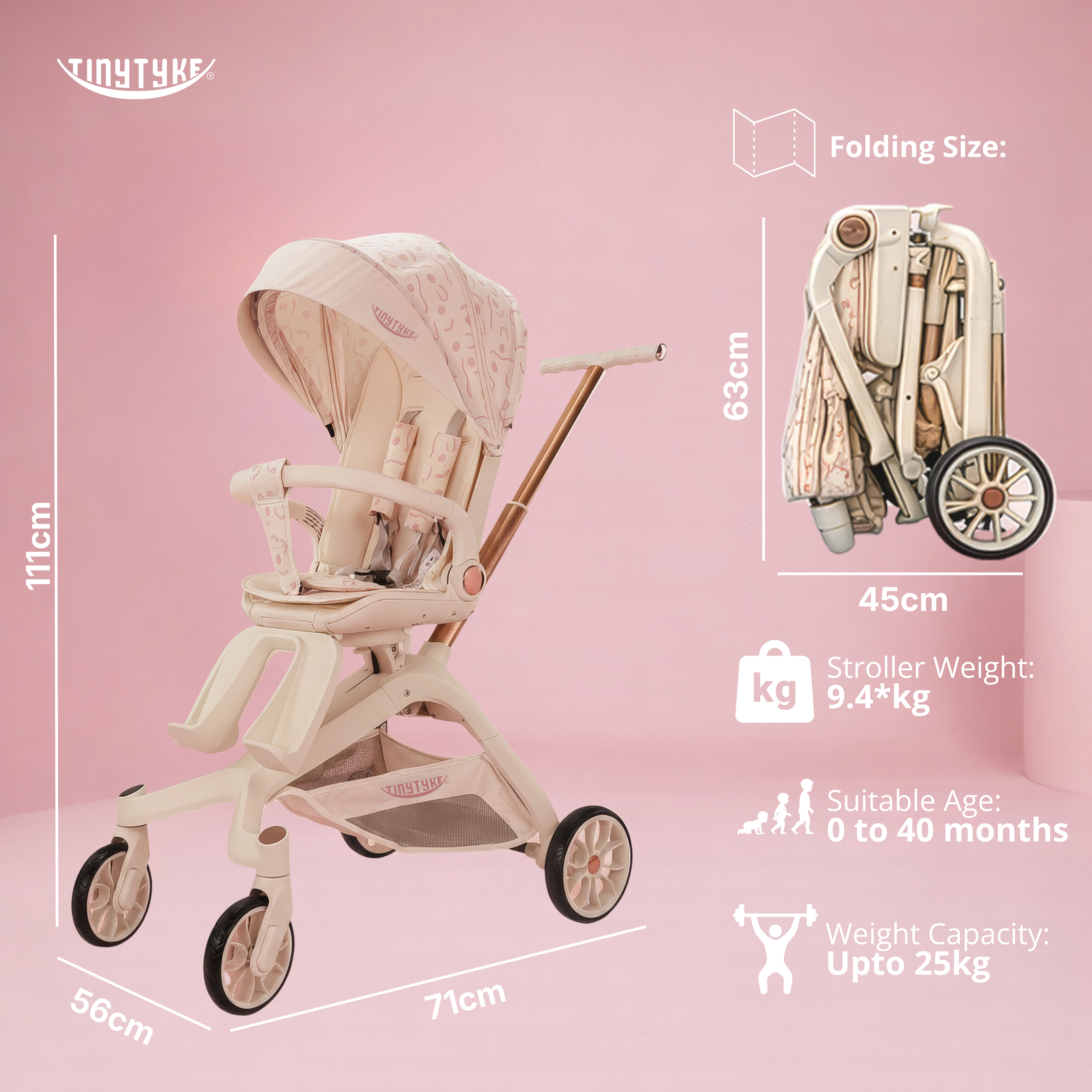 TinyTyke T6 stroller side view with dimensions — white, 56×71×111 cm unfolded, premium 9.4 kg pram for Indian families