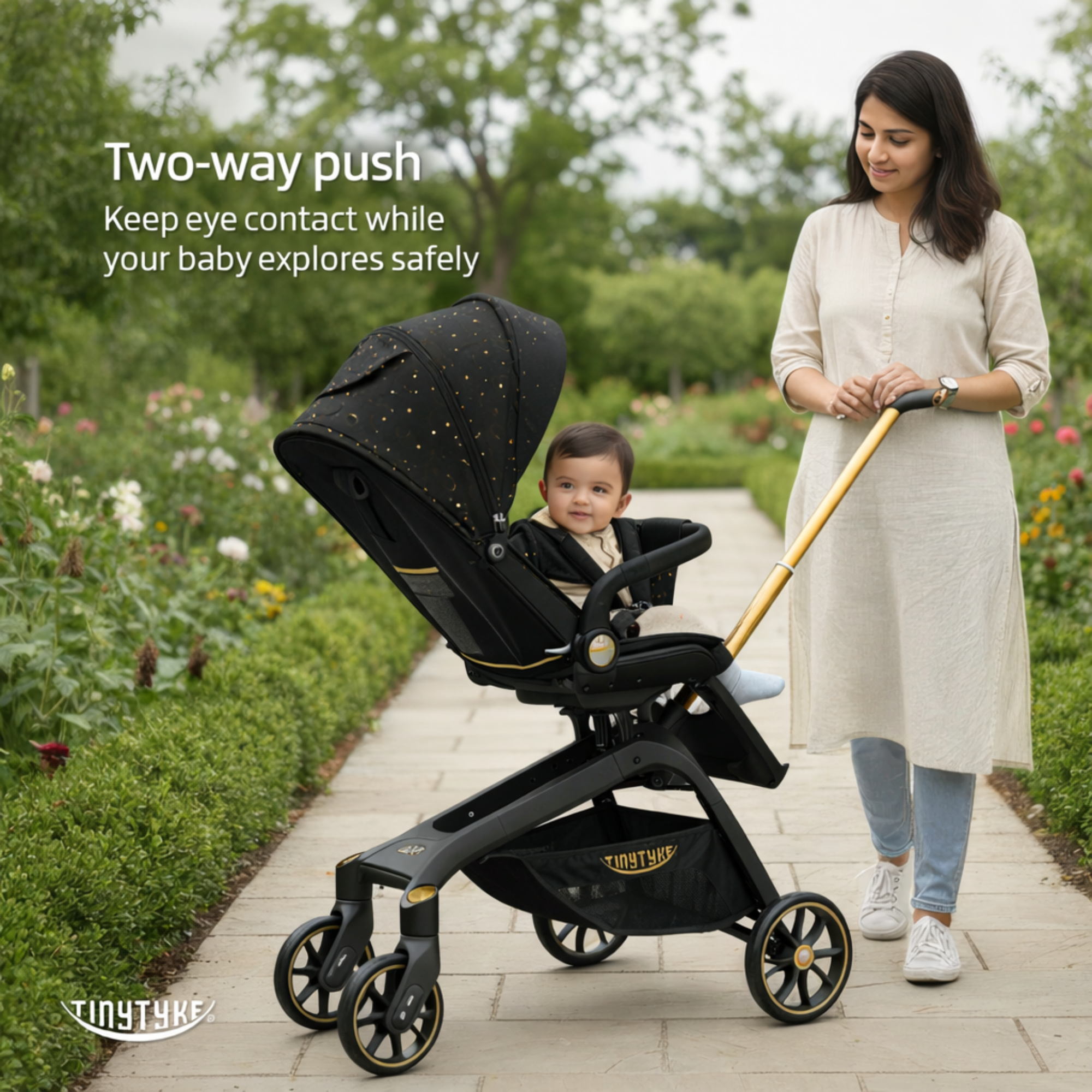 TinyTyke T6 stroller in two way push mode — black, lets toddler explore surroundings during outdoor walks