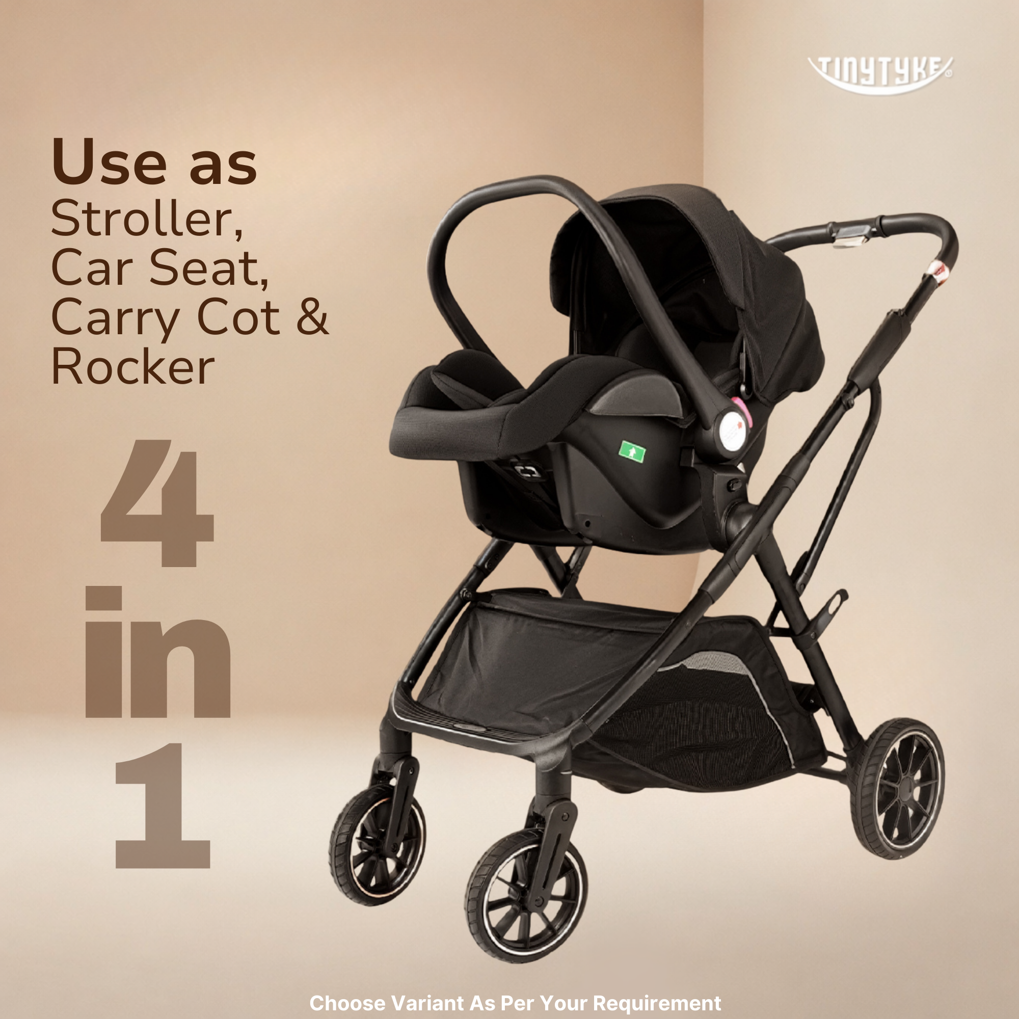 TinyTyke T7 4-in-1 infant car seat — black, doubles as carry cot, rocker and feeding chair from newborn stage