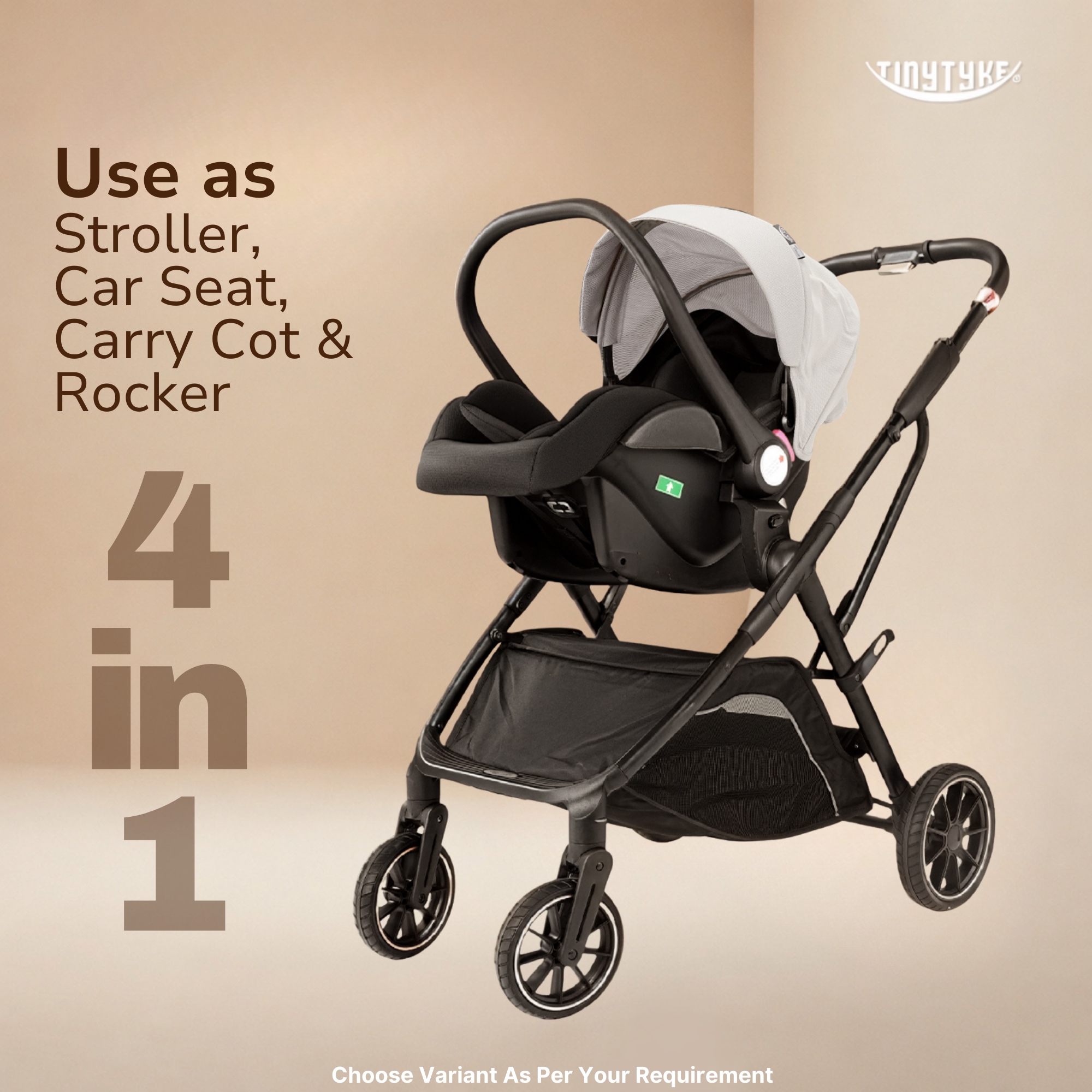 TinyTyke T7 optional 4-in-1 car seat — grey, functions as car seat, carry cot, rocker and feeding chair from birth