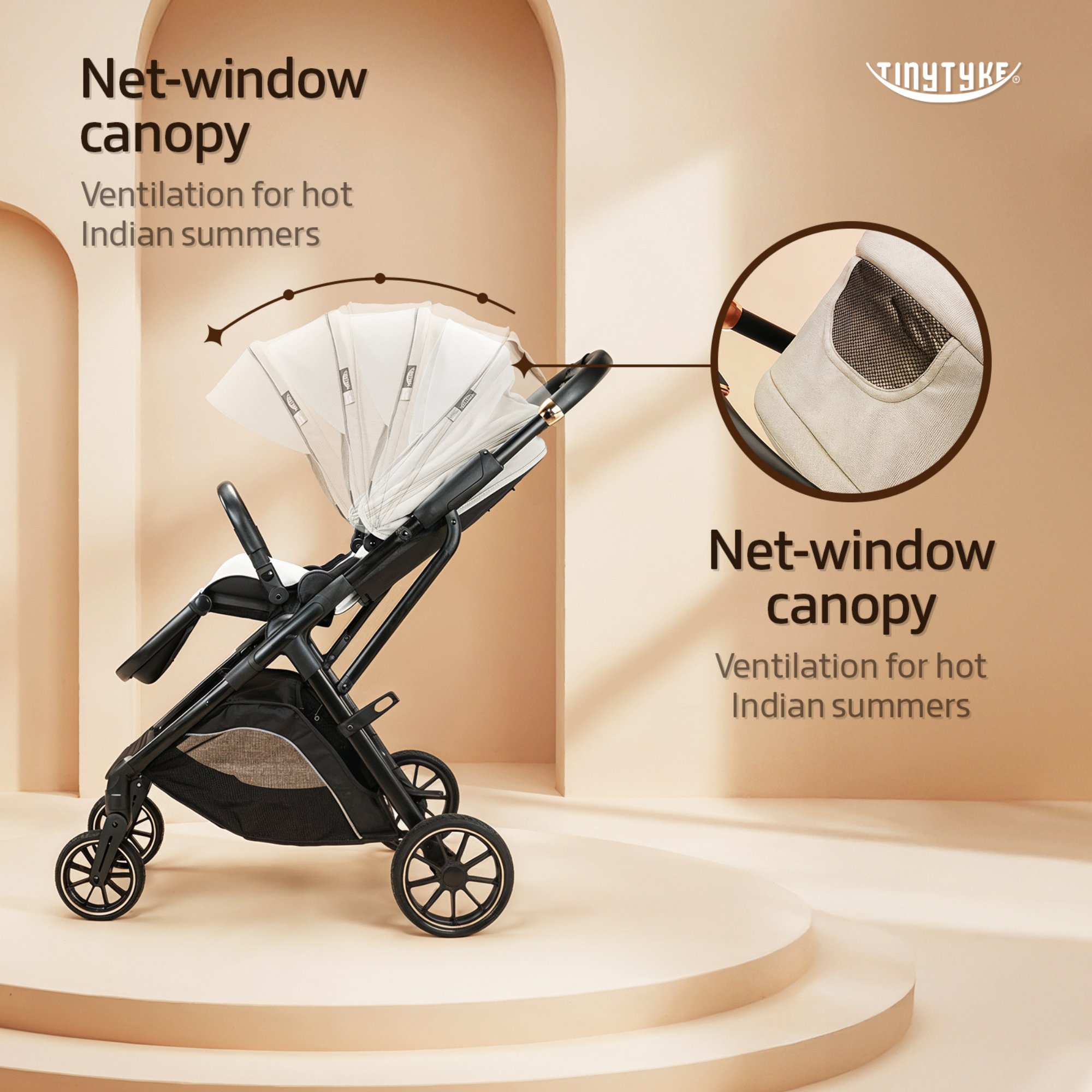 TinyTyke T7 stroller 4-section canopy with mesh ventilation window — grey, keeps baby cool in Indian summer heat