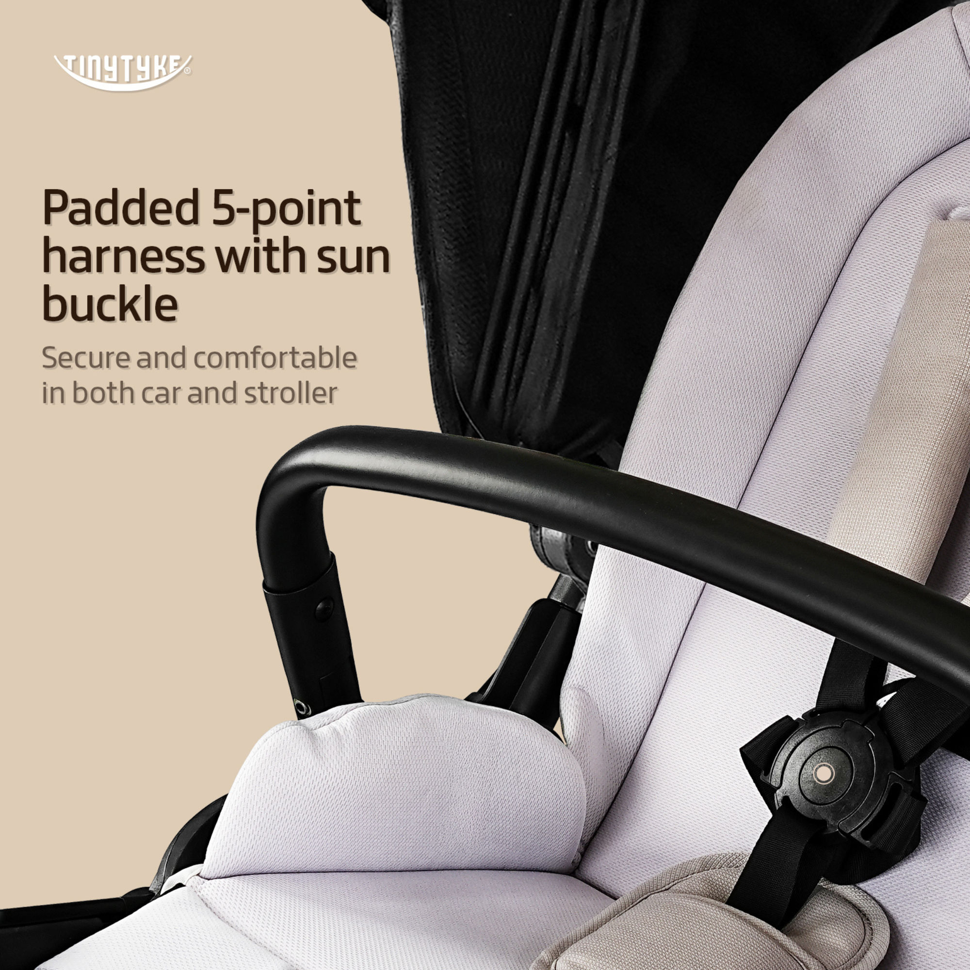 TinyTyke T7 stroller 5-point safety harness — black, padded shoulder straps with sun buckle for safe travel every day