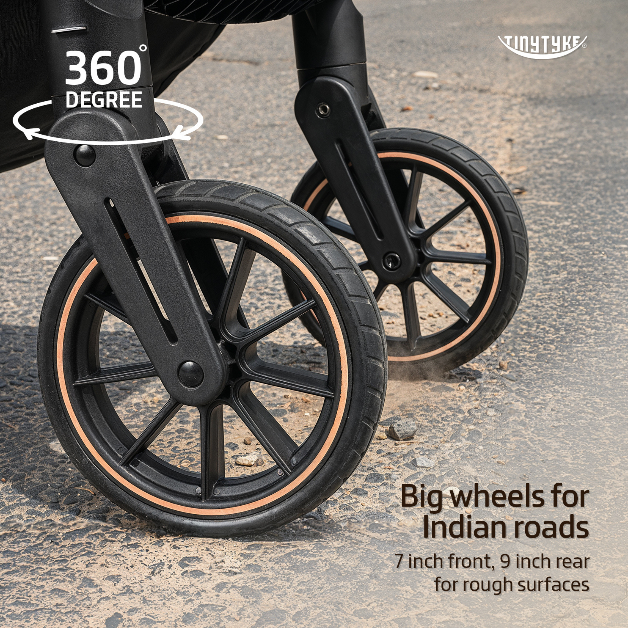 TinyTyke T7 stroller 8.5-inch all-terrain rear wheels — black, built for speed bumps, ramps and uneven Indian roads