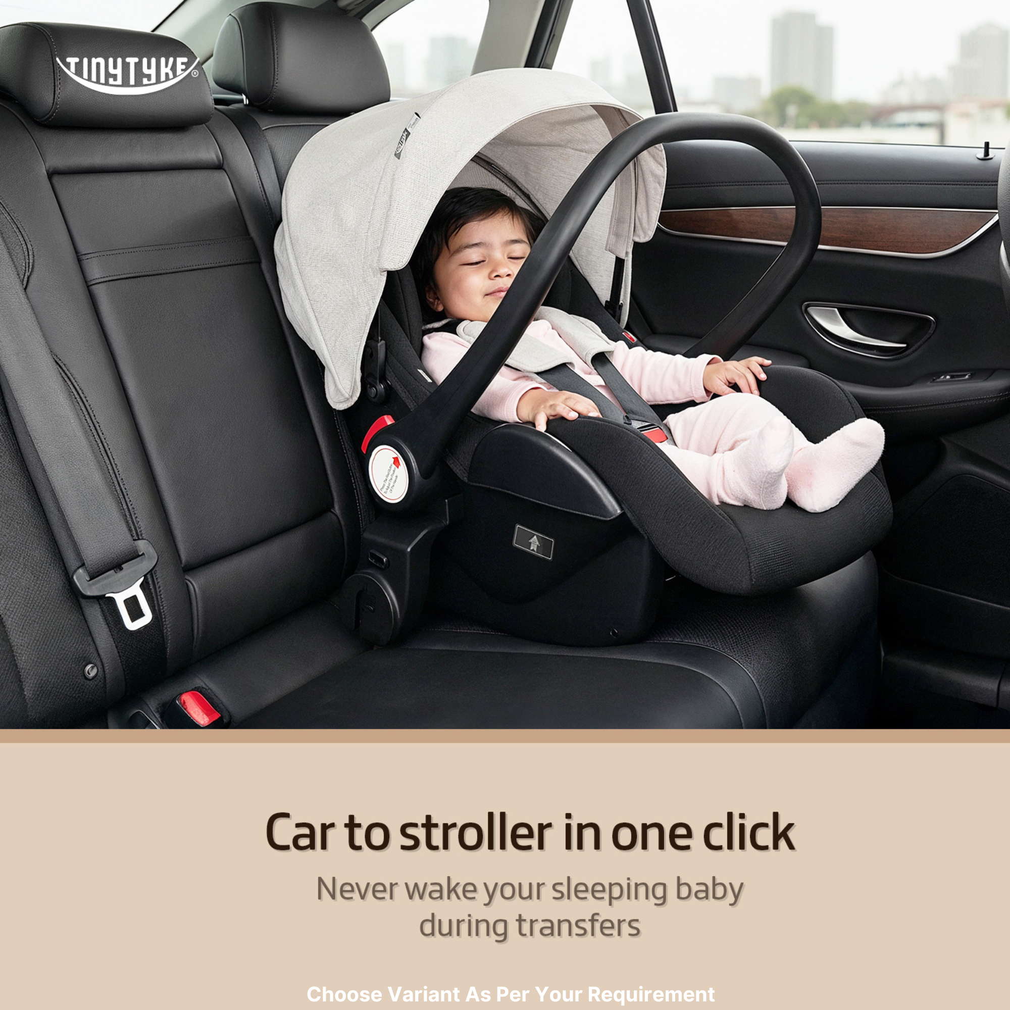 TinyTyke T7 infant car seat clicking onto stroller frame — grey, no lifting, no waking, seamless car-to-stroller transfer