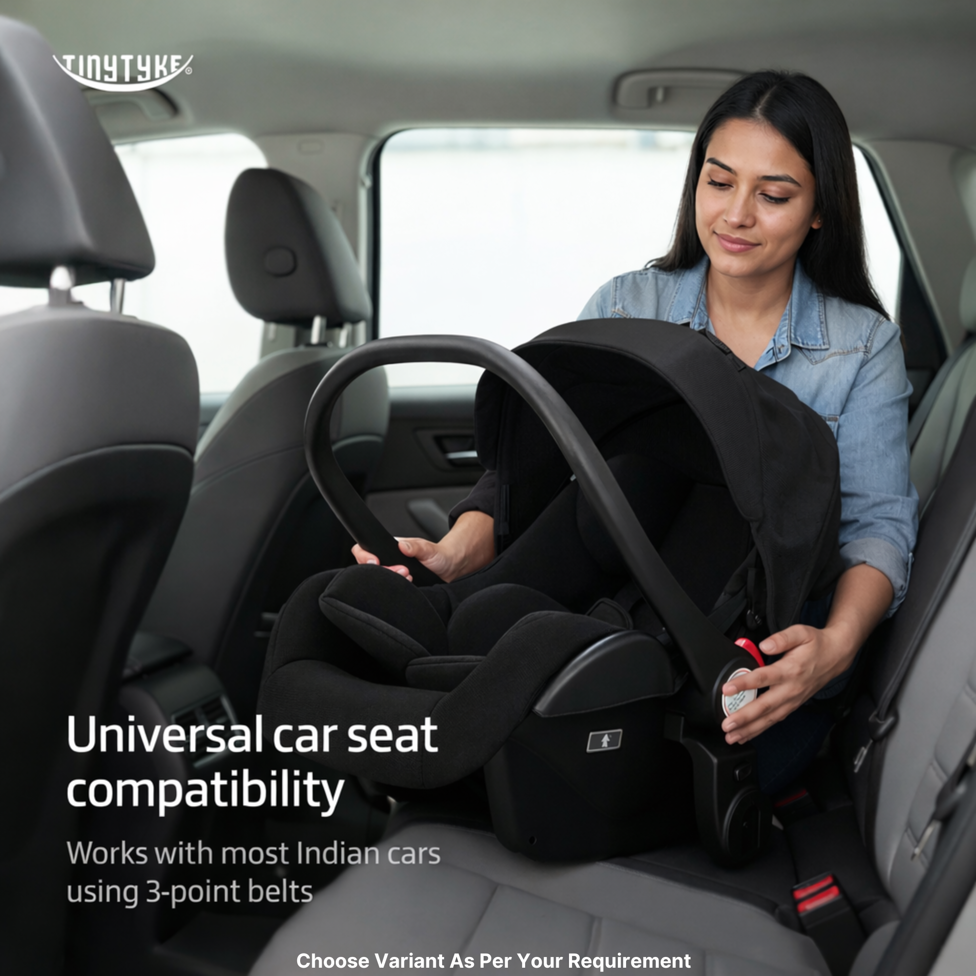 TinyTyke T7 infant car seat with universal belt fit — black, compatible with most Indian cars and Ola Uber cab rides