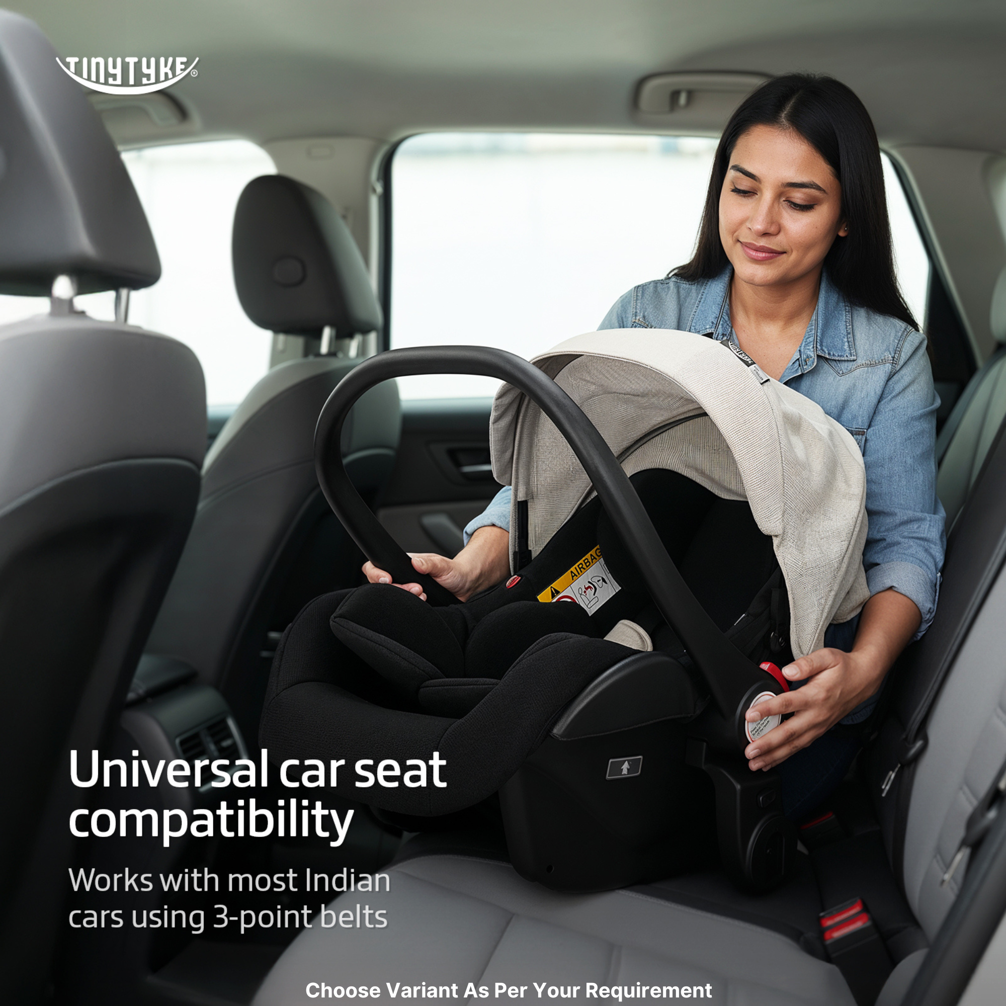 TinyTyke T7 car seat universal 3-point seat belt compatibility — grey, fits Maruti, Hyundai, Tata, Honda and cab rides