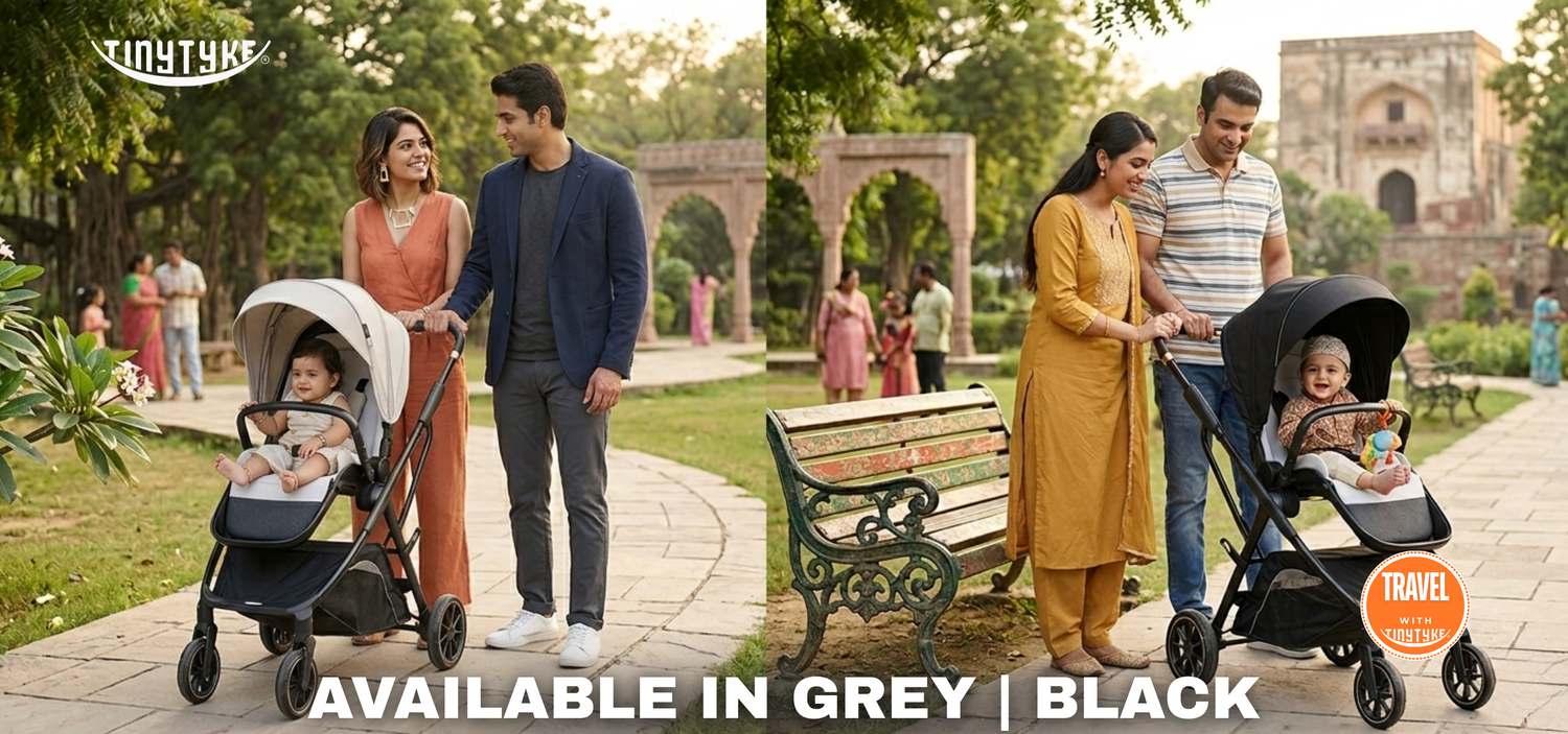 TinyTyke T7 MegaSpace travel system stroller in grey and black — folded compact view of both colour variants side by side