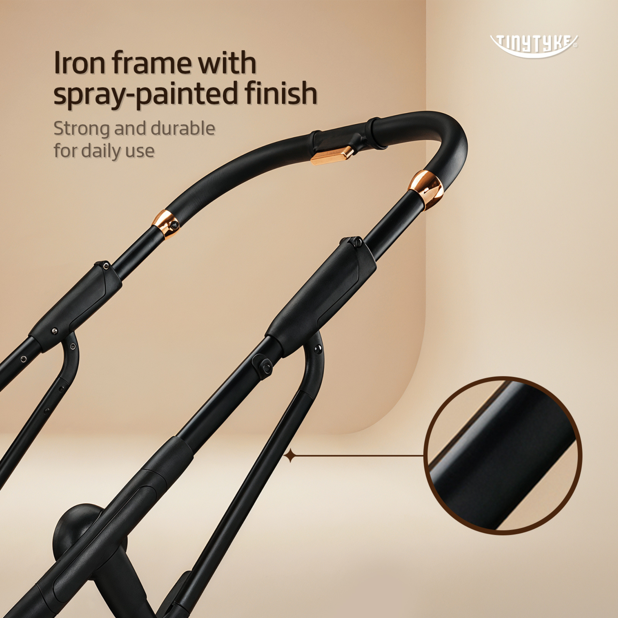 TinyTyke T7 stroller strong iron frame — black, spray-painted durable build for daily city and park use across India