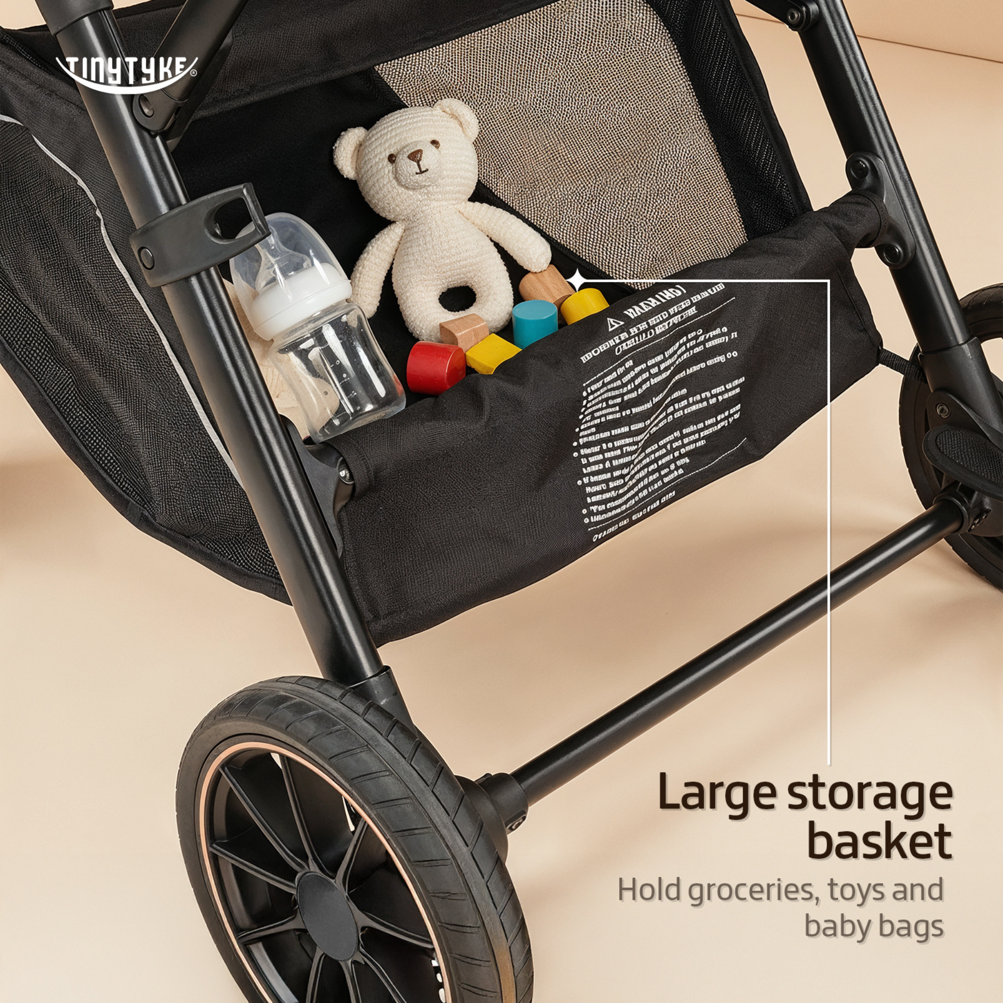 TinyTyke T7 stroller covered storage basket — black, dust-protected compartment for diapers, clothes and baby essentials