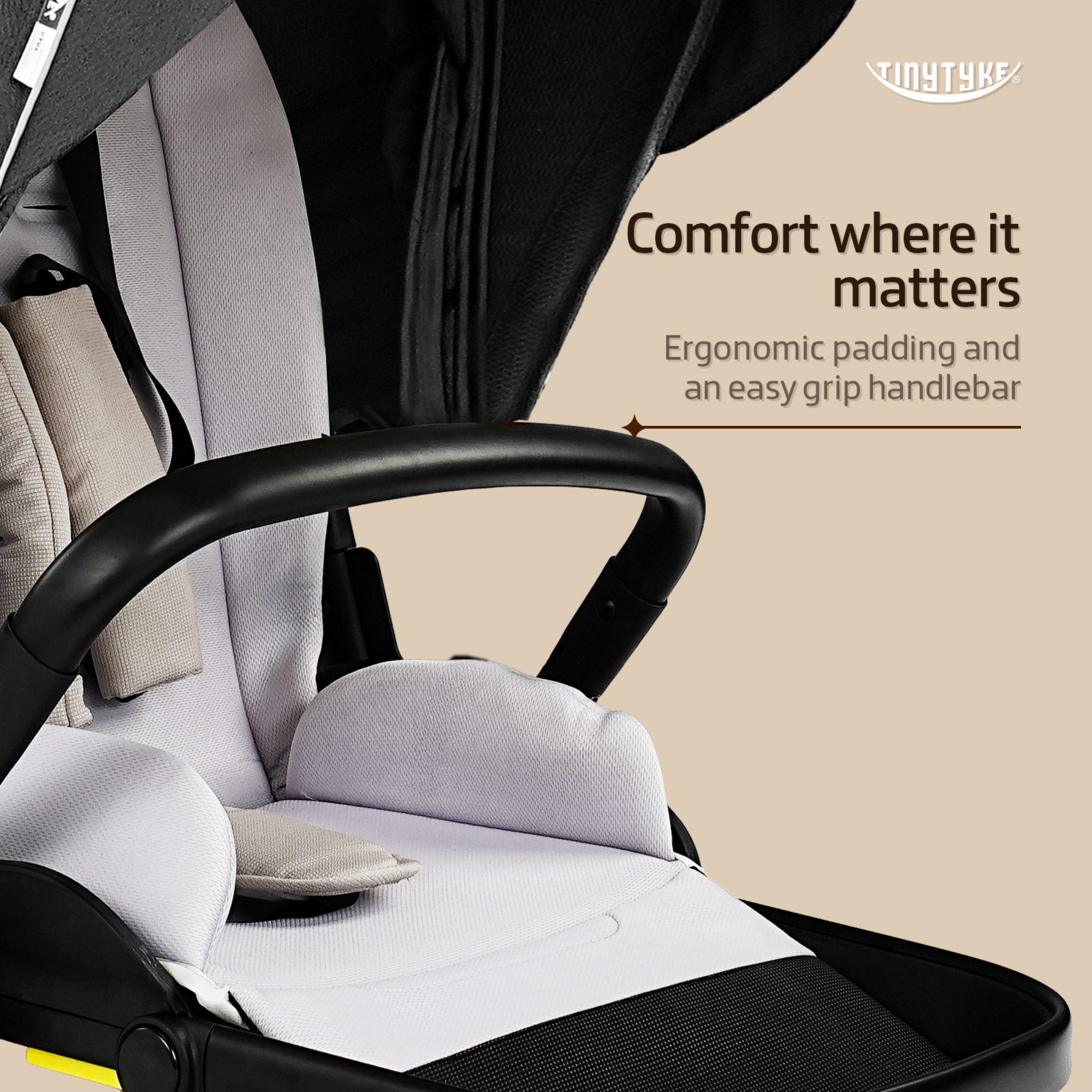 TinyTyke T7 stroller leather EVA adjustable handlebar — black, comfortable grip for both parents, reduces fatigue on walks