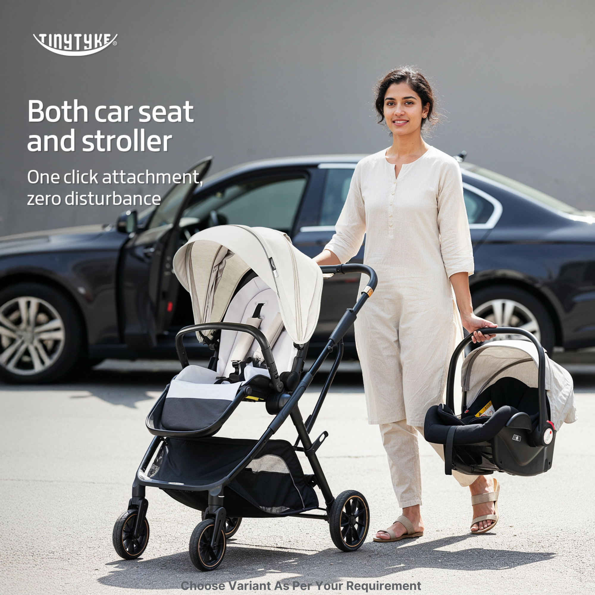 TinyTyke T7 MegaSpace stroller lifestyle — grey, Indian parent and toddler on city walk, all-terrain newborn pram India