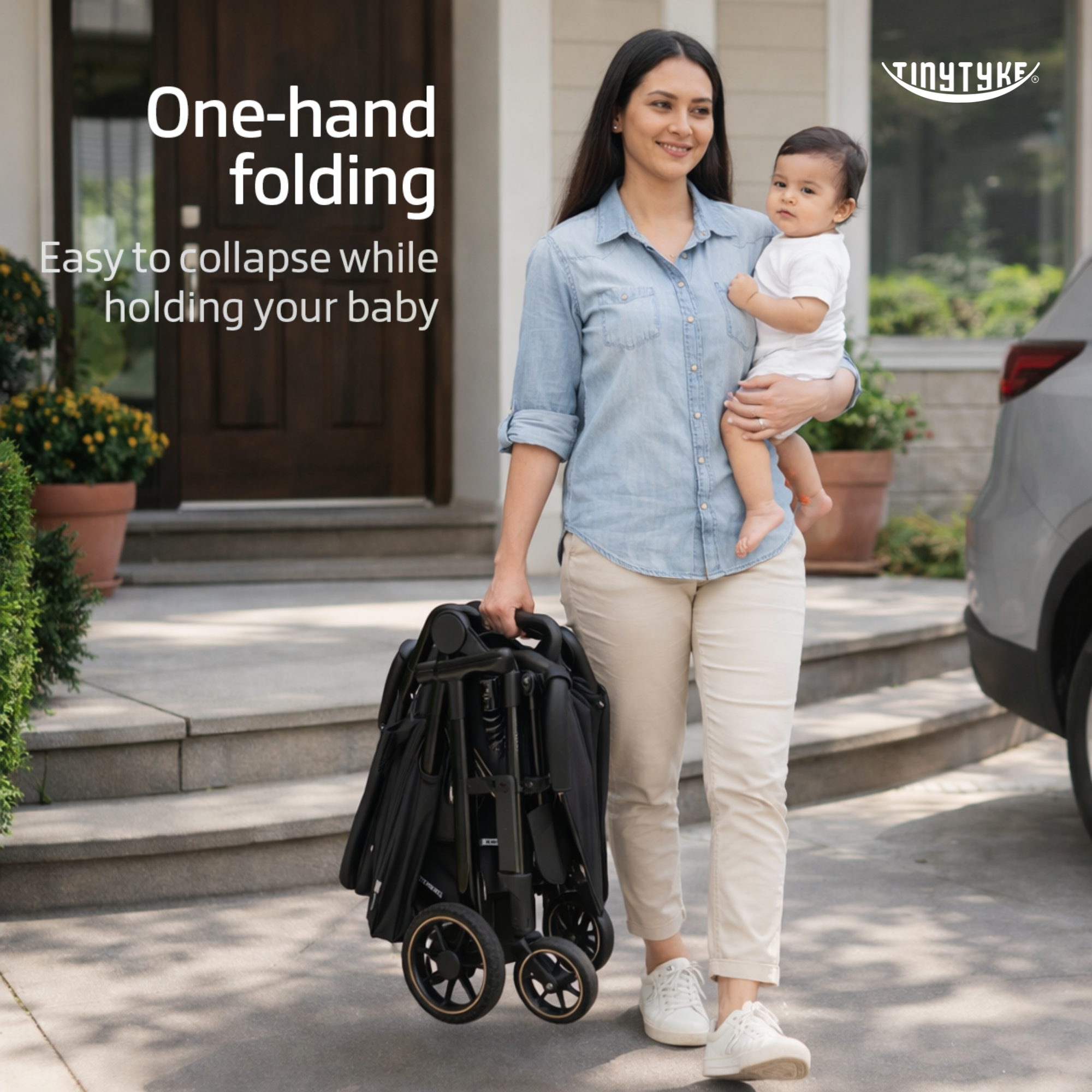 TinyTyke T7 stroller single-hand compact fold — black, 62×59×58 cm folded size, quick to close with one hand