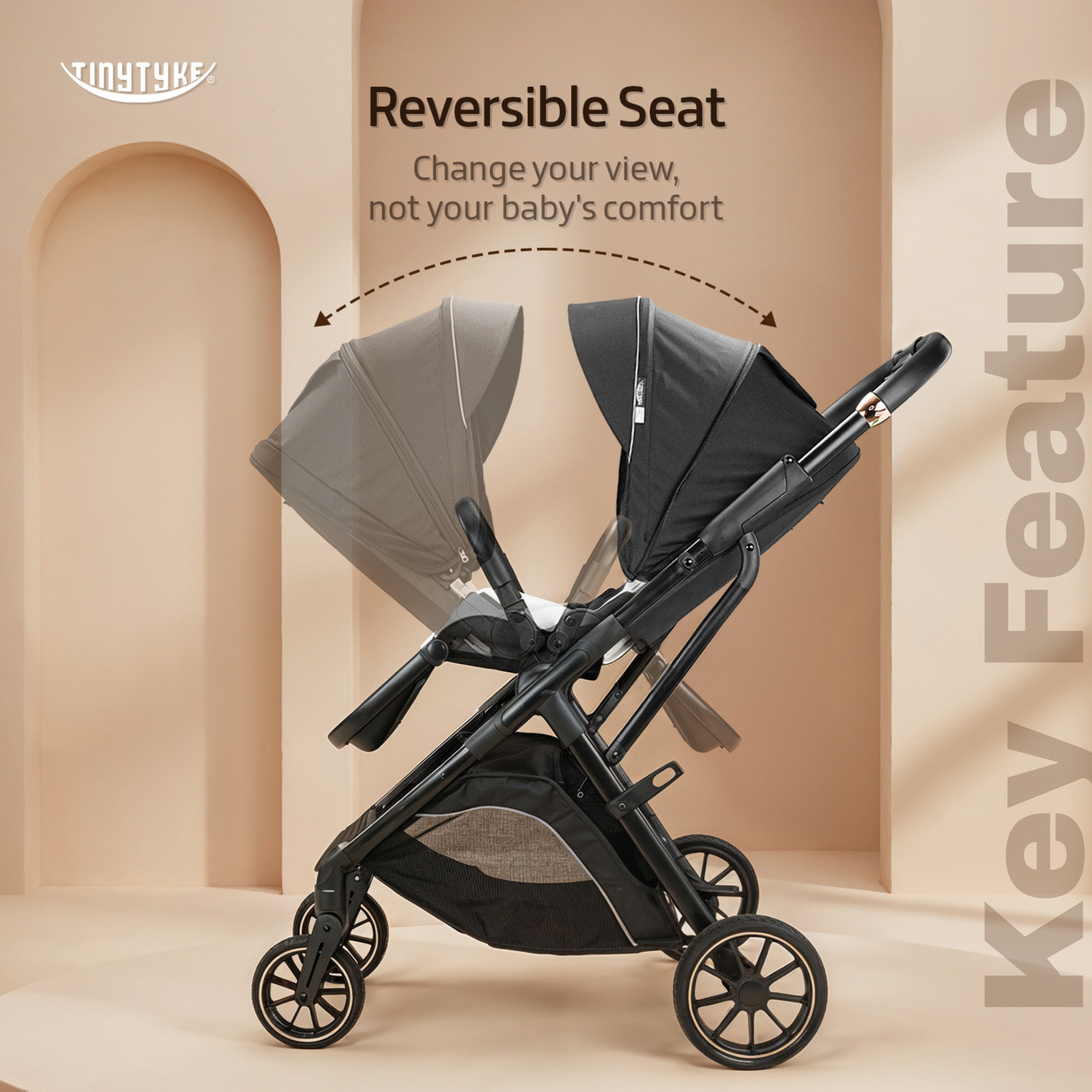 TinyTyke T7 stroller reversible seat — black, parent-facing and forward-facing modes for all developmental stages