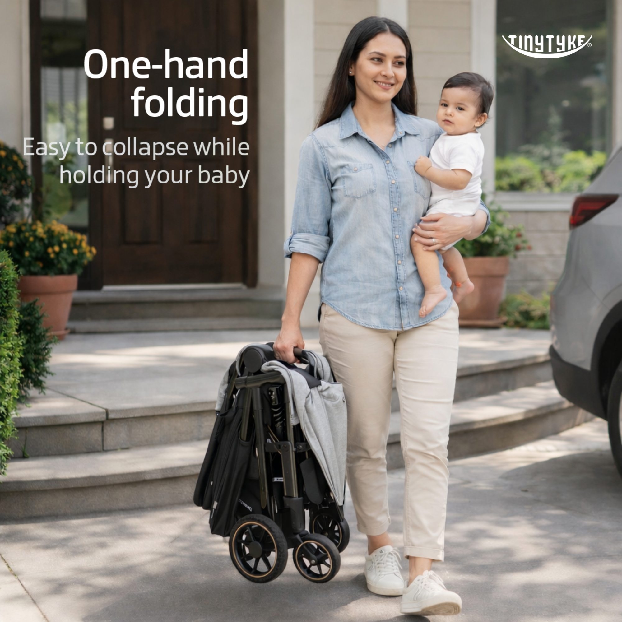 TinyTyke T7 stroller single-hand compact fold — grey, folds to 62×59×58 cm, easy to store and fit in car boot