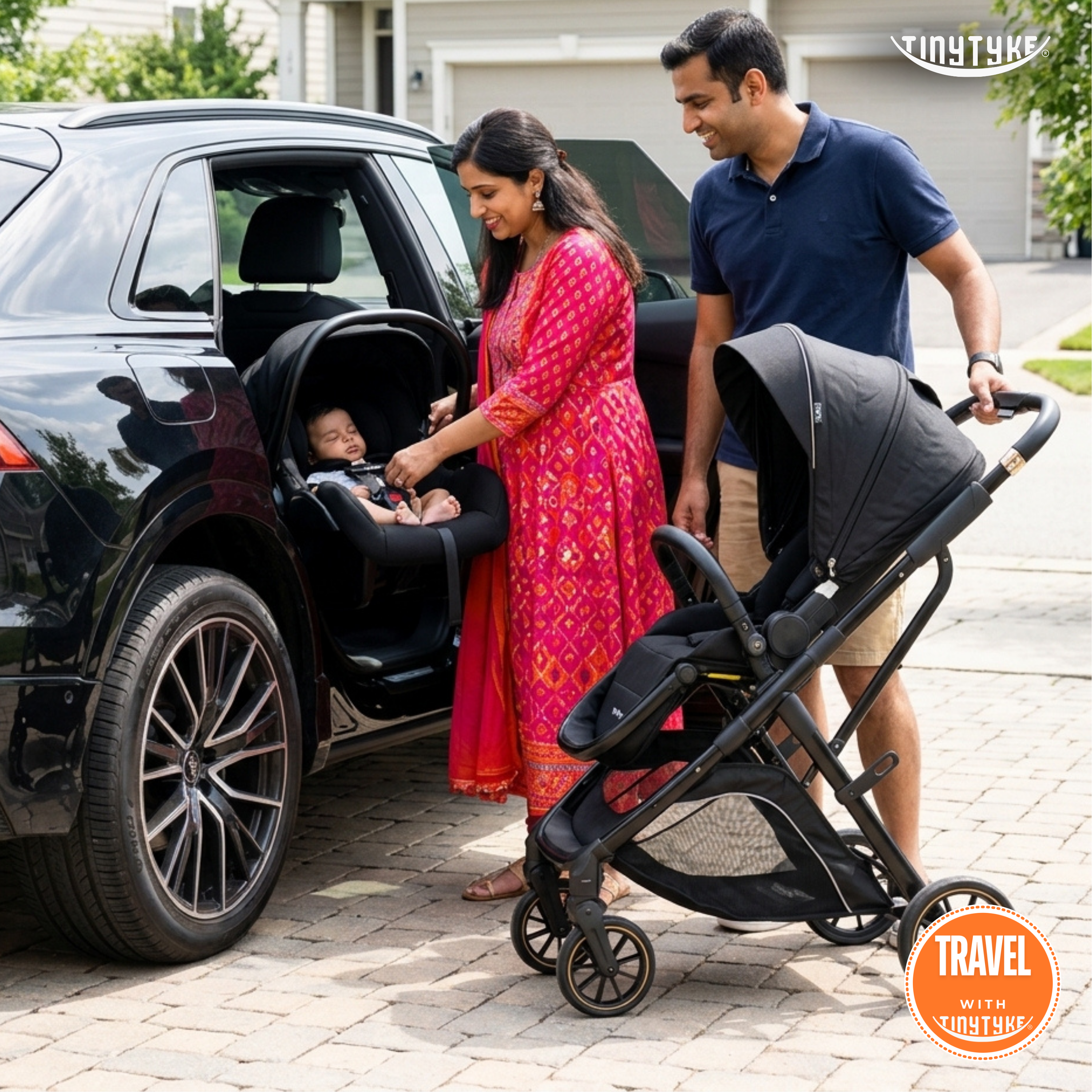 TinyTyke T7 MegaSpace stroller with optional 4-in-1 infant car seat — black, complete travel system for Indian families