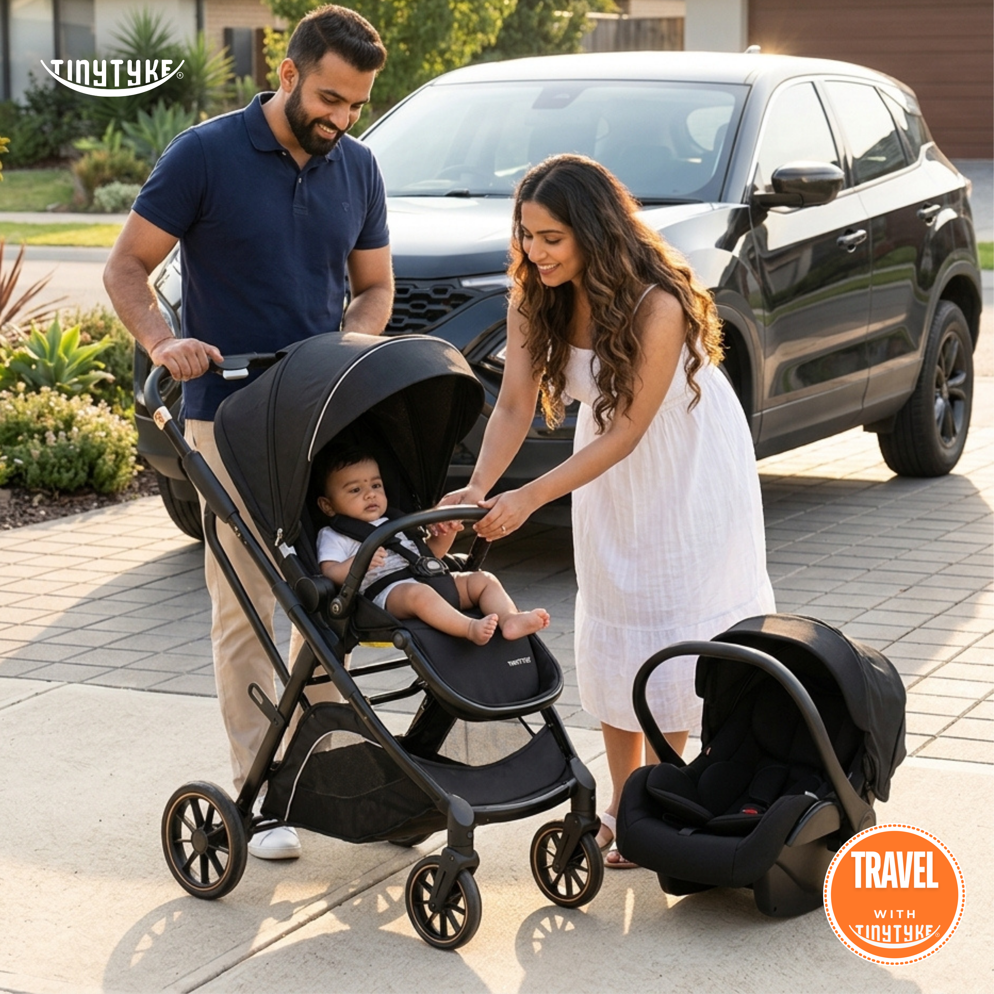 TinyTyke T7 MegaSpace stroller with optional 4-in-1 infant car seat — black, complete travel system for Indian families