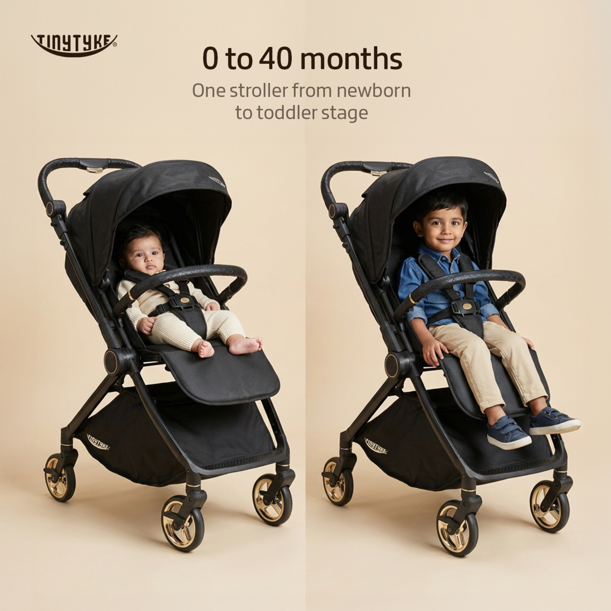 TinyTyke T9 Click and Go reversible handle baby stroller in black— one-touch fold, shock absorption, 0 to 40 months India