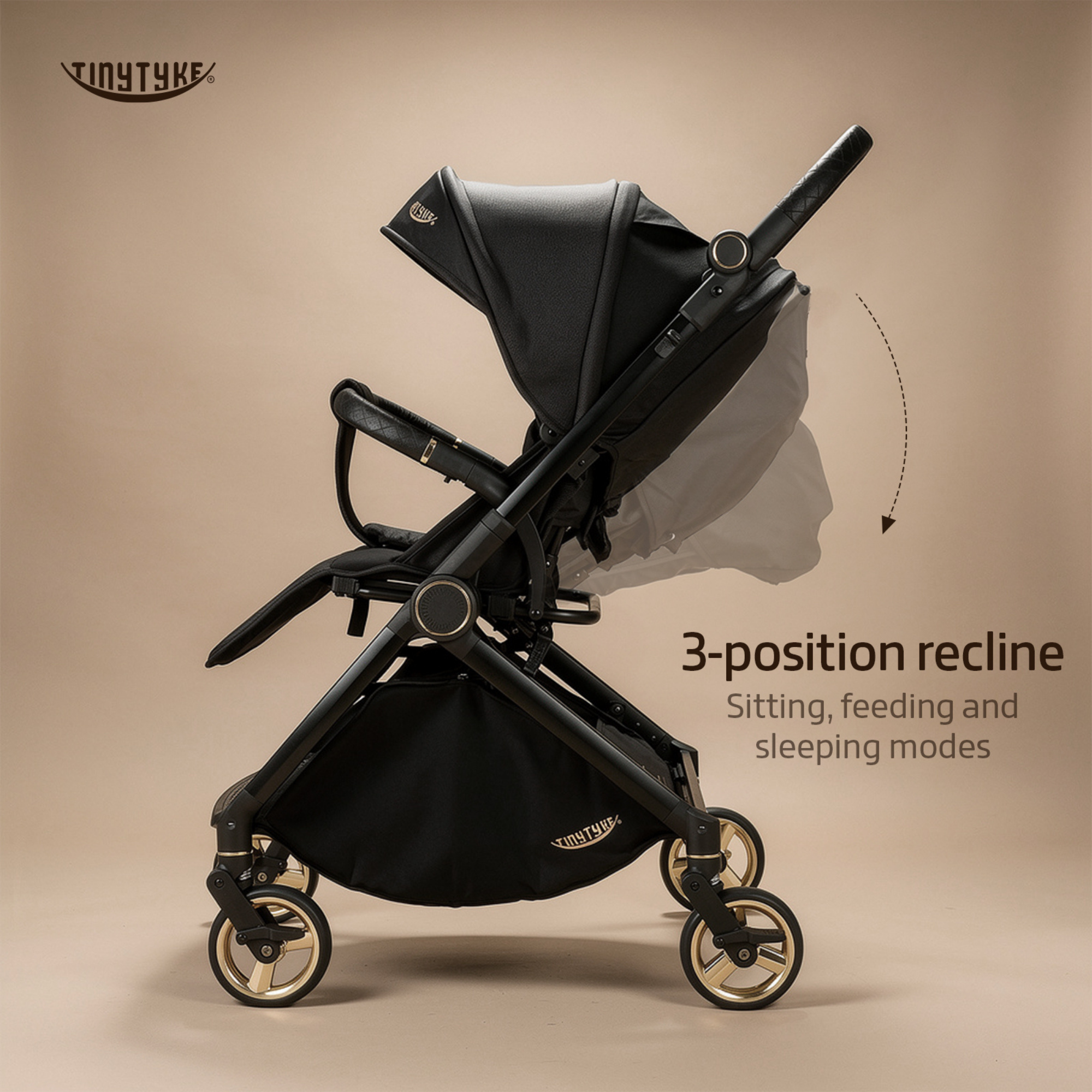 TinyTyke T9 stroller 3-position recline — black, supports newborn flat sleep, feeding upright and mid-recline comfort rides