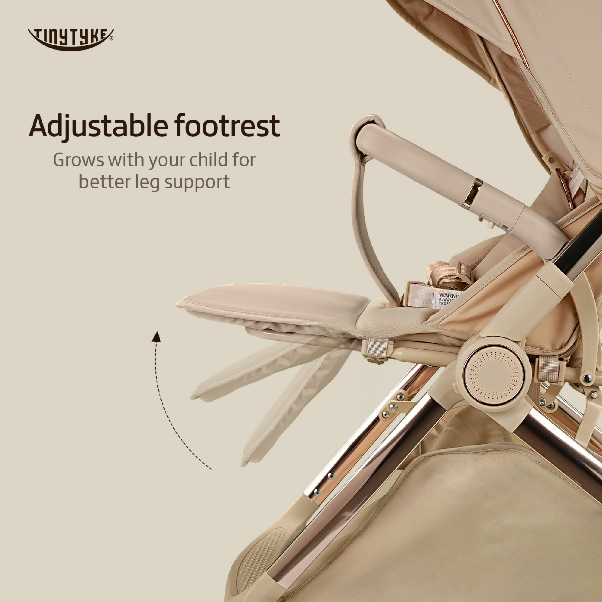 TinyTyke T9 stroller adjustable footrest — beige, grows with your child for better ergonomic leg support through toddlerhood