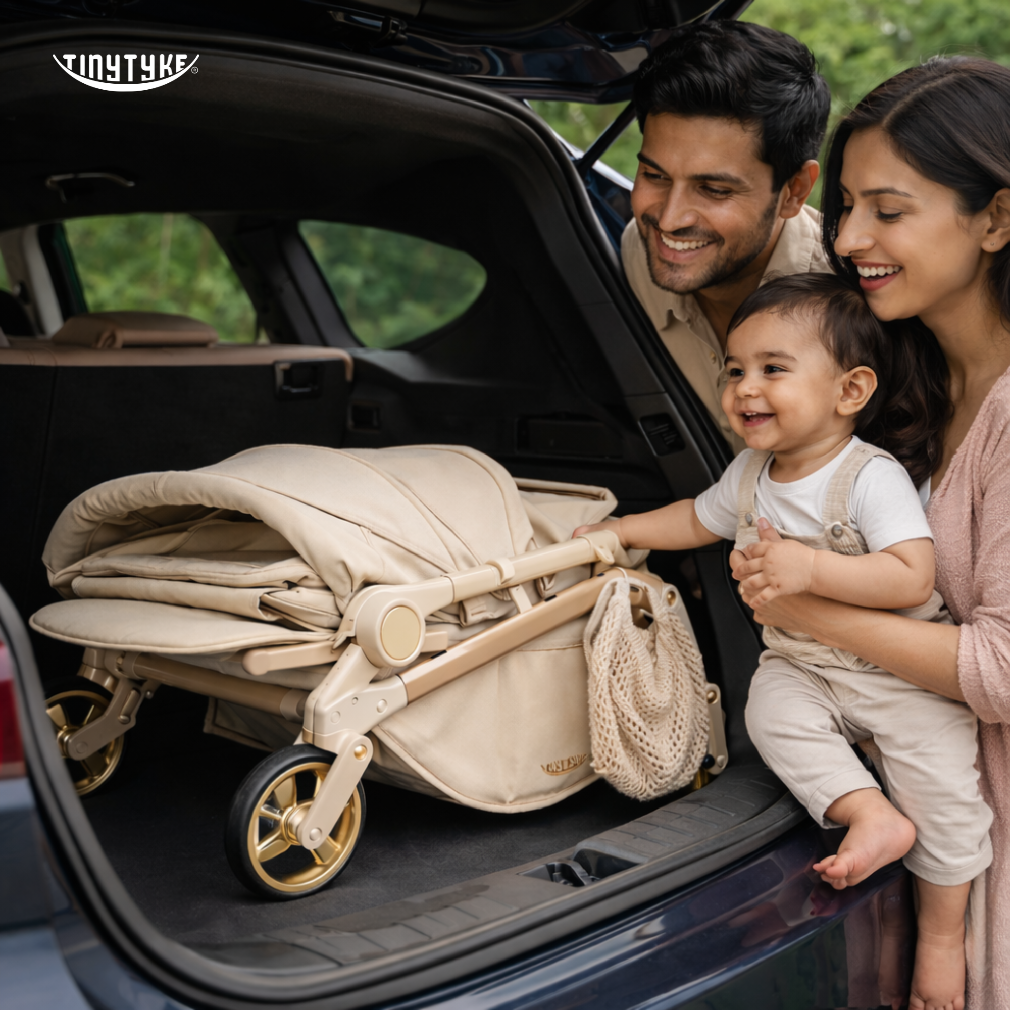 TinyTyke T9 stroller airline and car boot friendly fold — beige, compact 49×43×74 cm for travel, malls and family holidays
