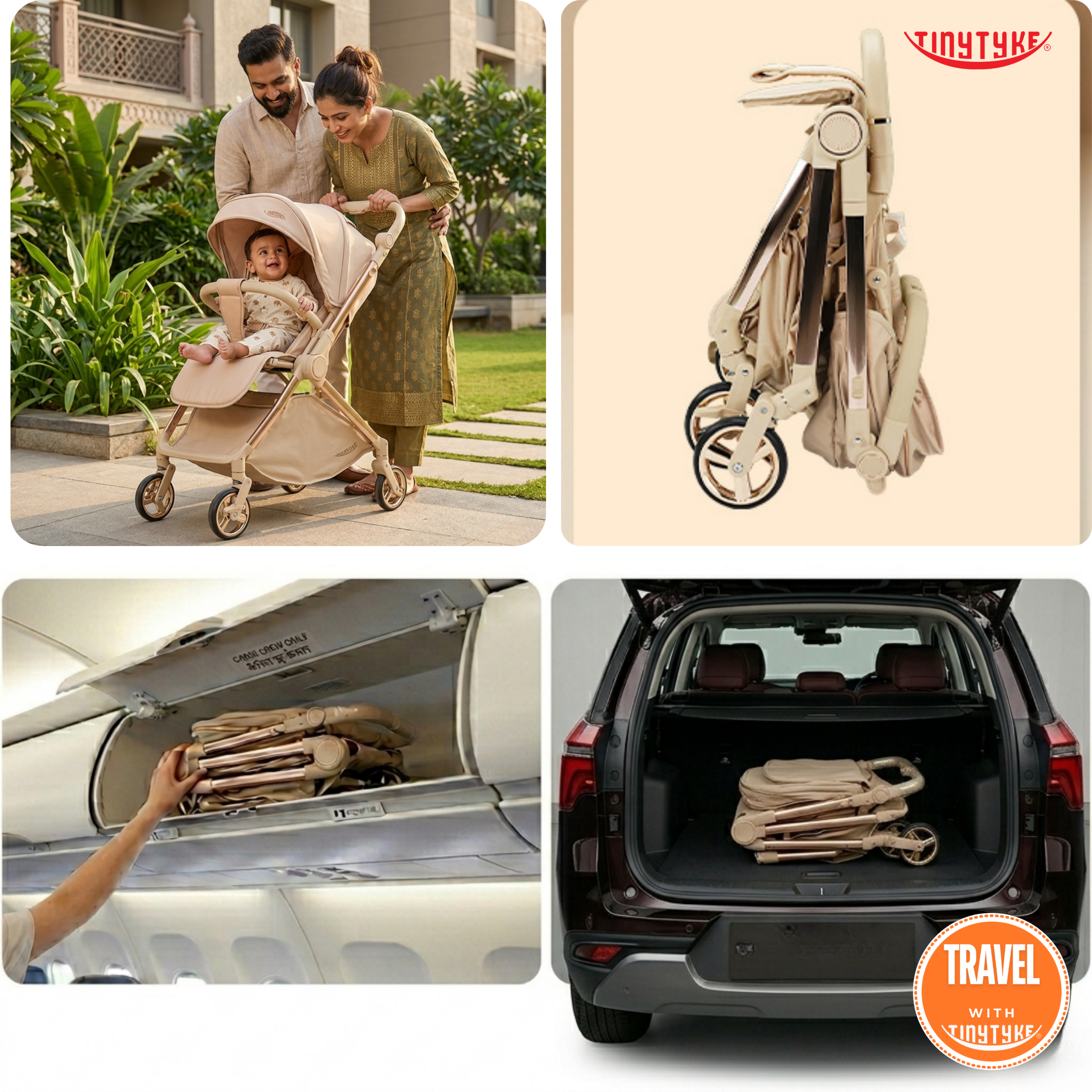 TinyTyke T9 stroller airline and car boot friendly fold — beige, compact 49×43×74 cm for travel, malls and family holidays