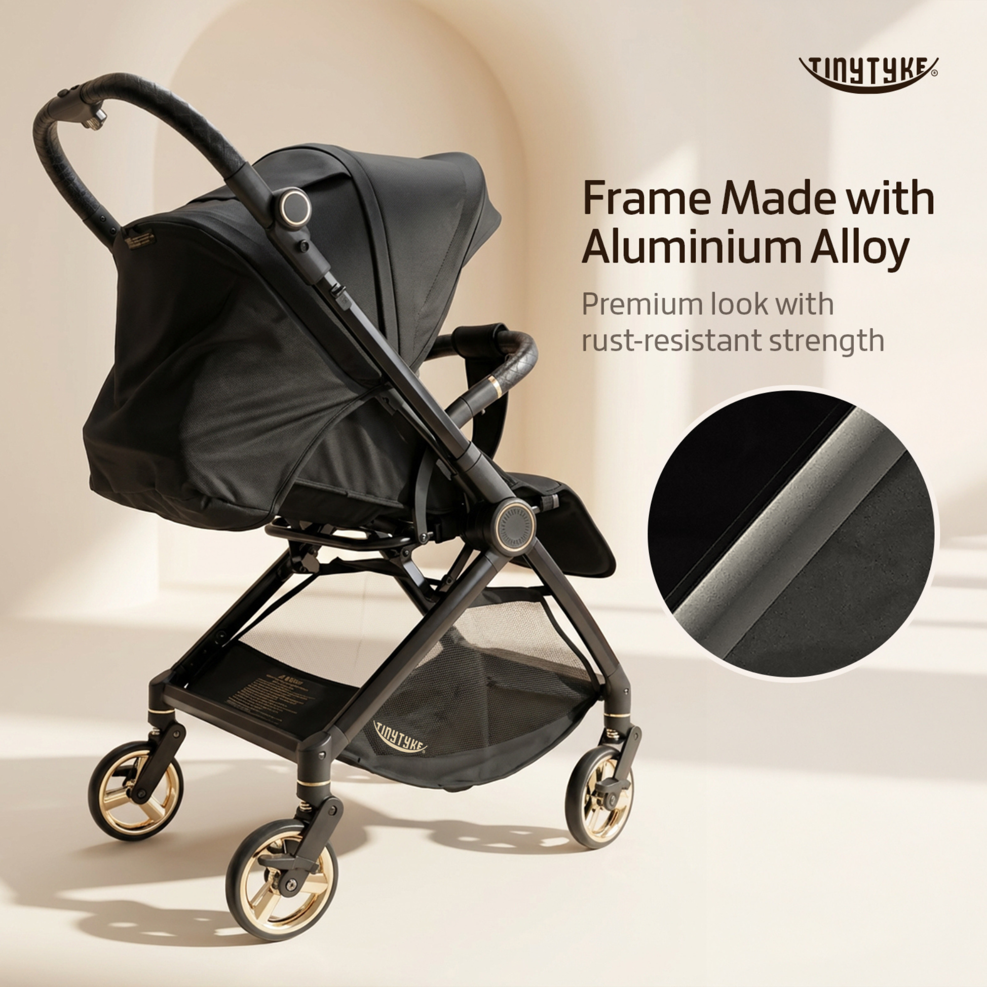 TinyTyke T9 stroller black electroplated aluminium frame — rust-resistant strong build for daily Indian mall and park outings