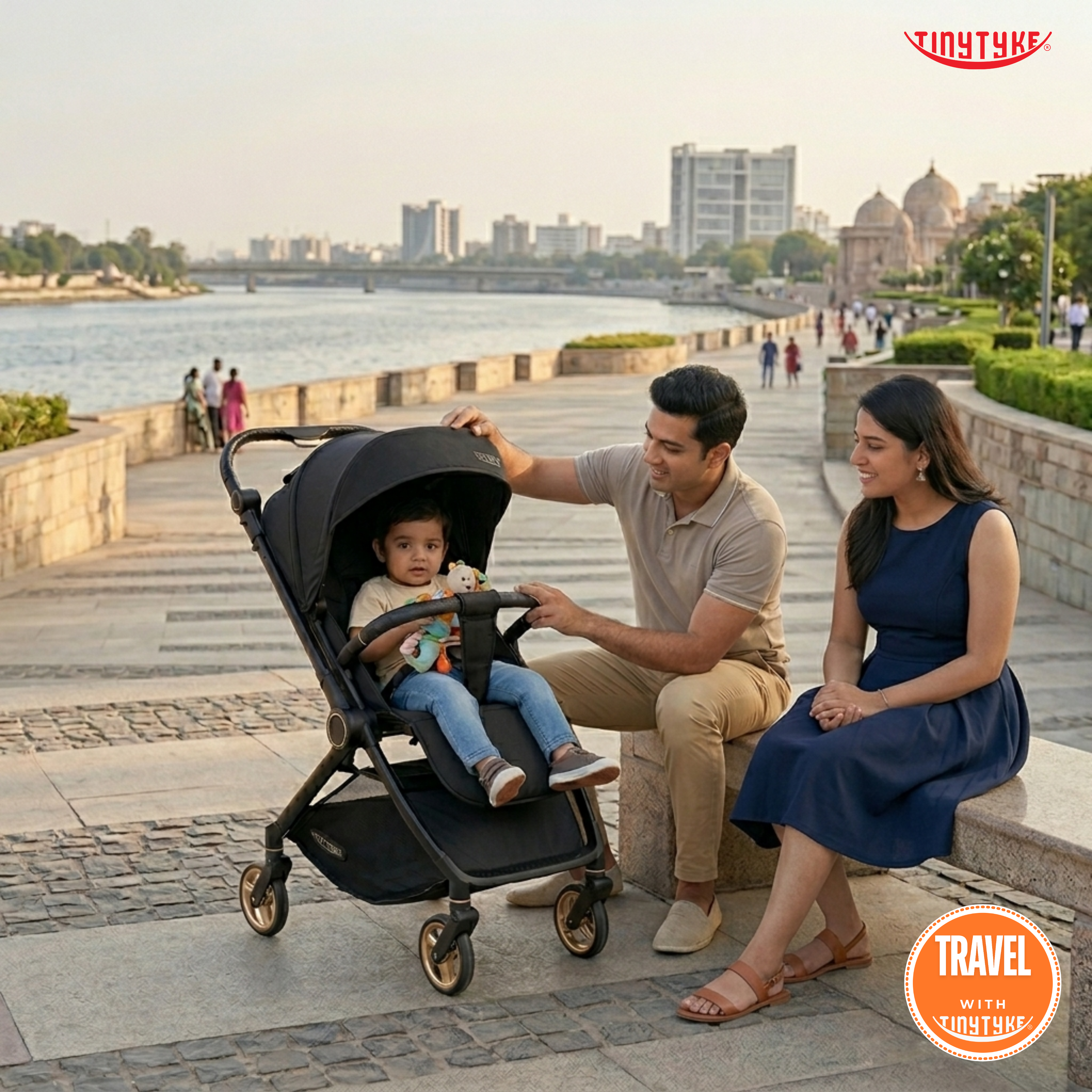TinyTyke T9 stroller lifestyle calm views — black, comfortable peaceful outdoor stroll by water, designed for long family walks