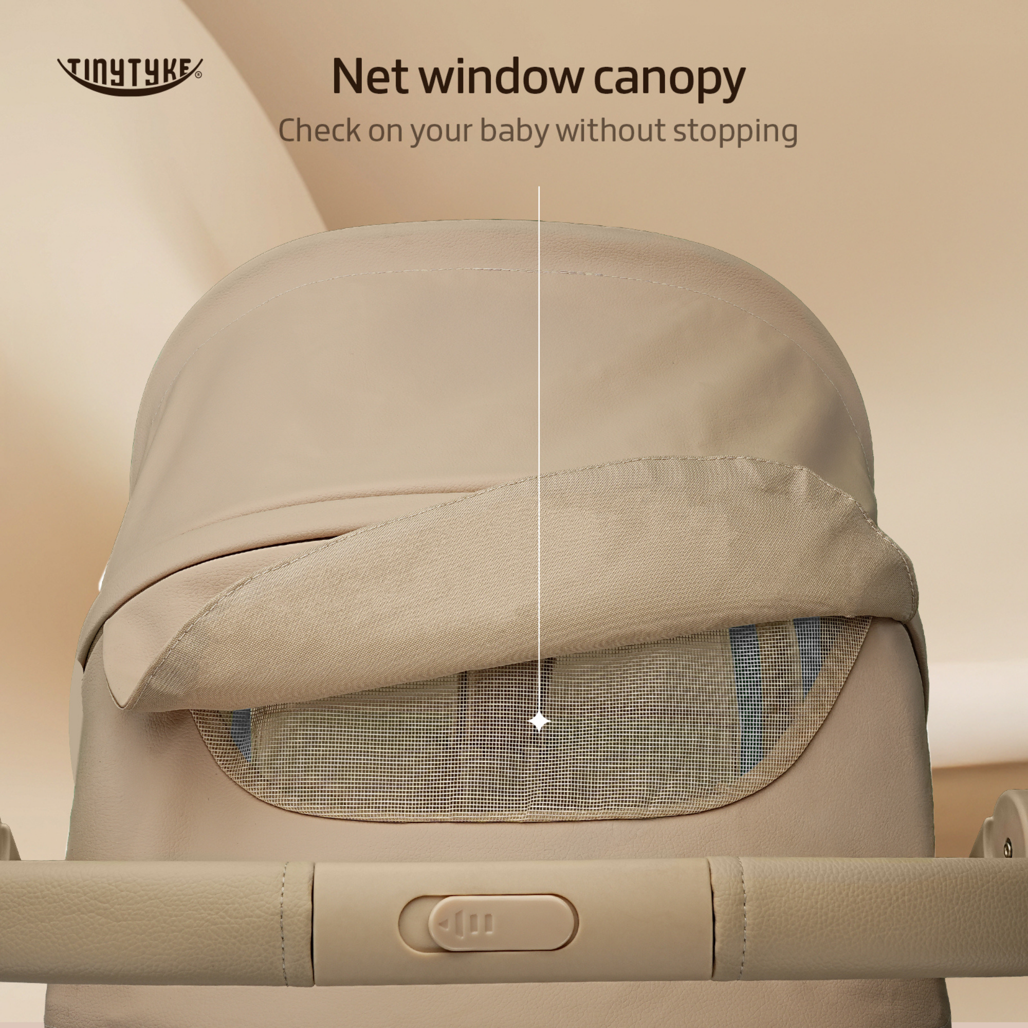 TinyTyke T9 stroller peek window — beige, full sun wind and light rain protection