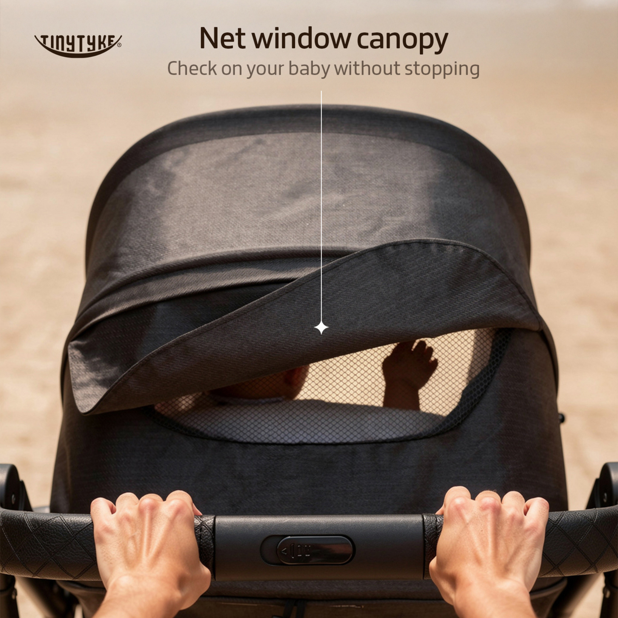 TinyTyke T9 stroller peek window — black, full sun wind and light rain protection