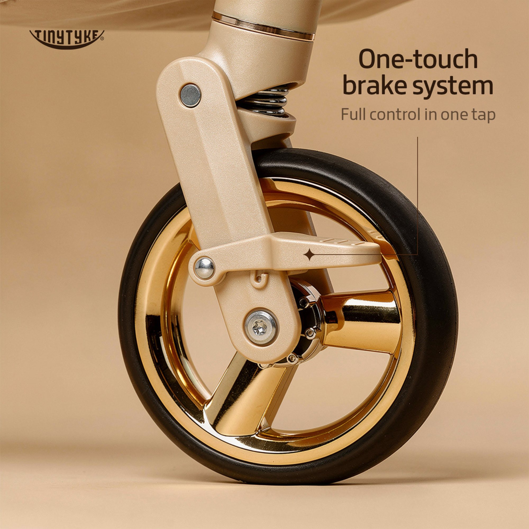 TinyTyke T9 stroller dual-mode brake system — beige, partial brake for slopes and full brake for complete stop on any surface