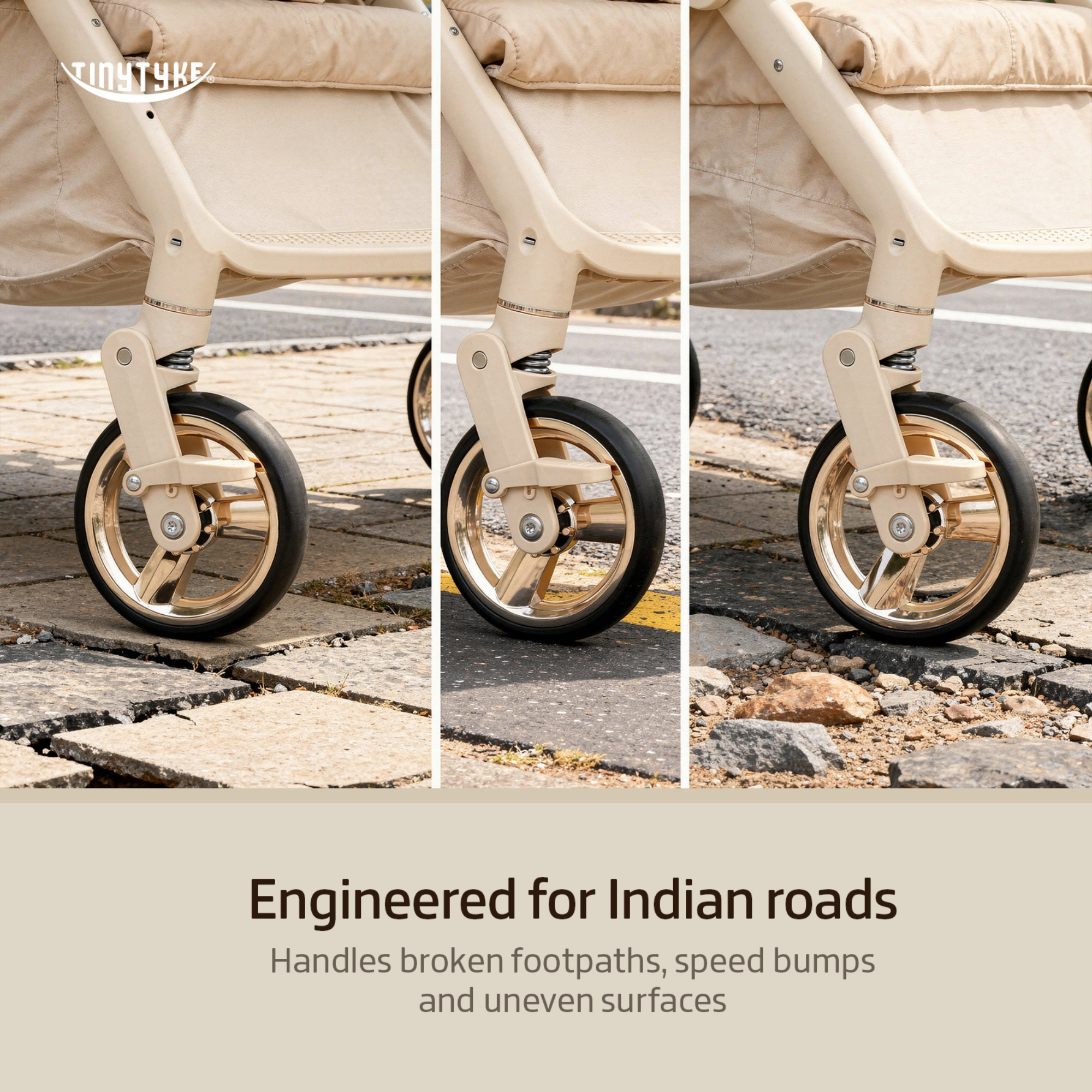 TinyTyke T9 stroller engineered for Indian roads beige, for smoothly over uneven roads and ramps