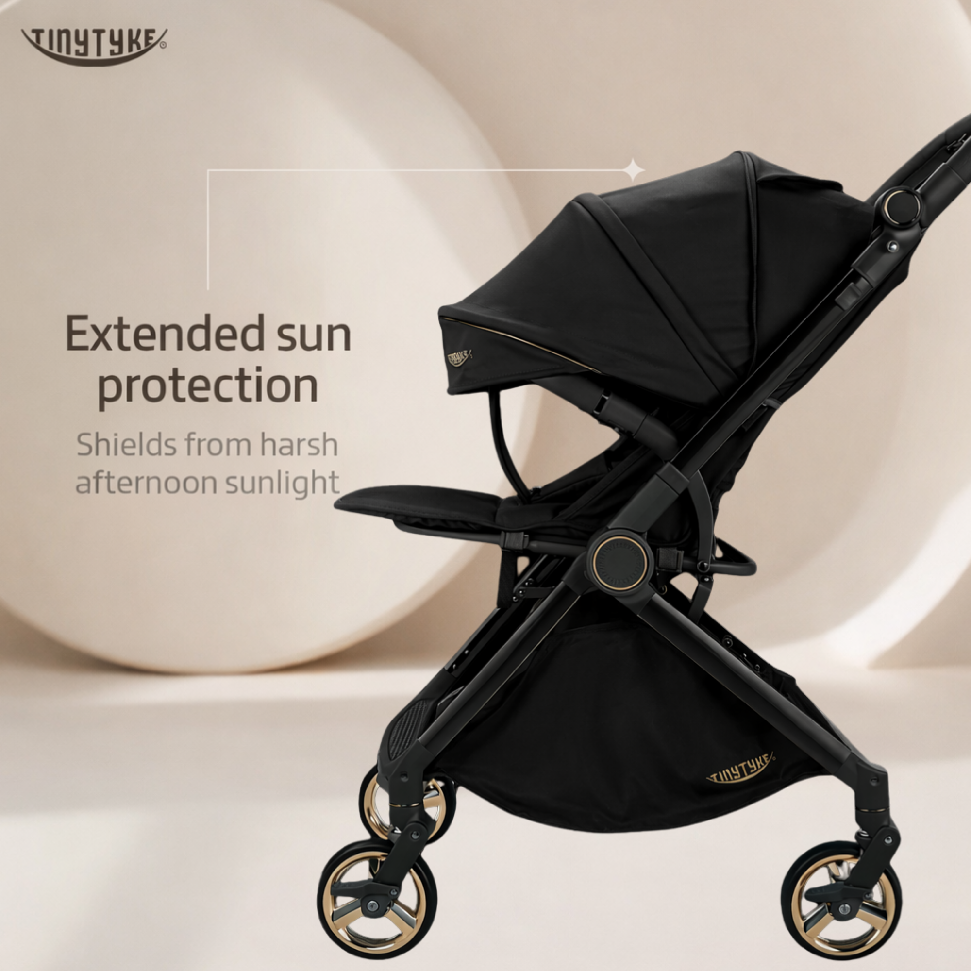 TinyTyke T9 stroller extended sun protection — black, shields baby from sun, wind and light rain outdoors