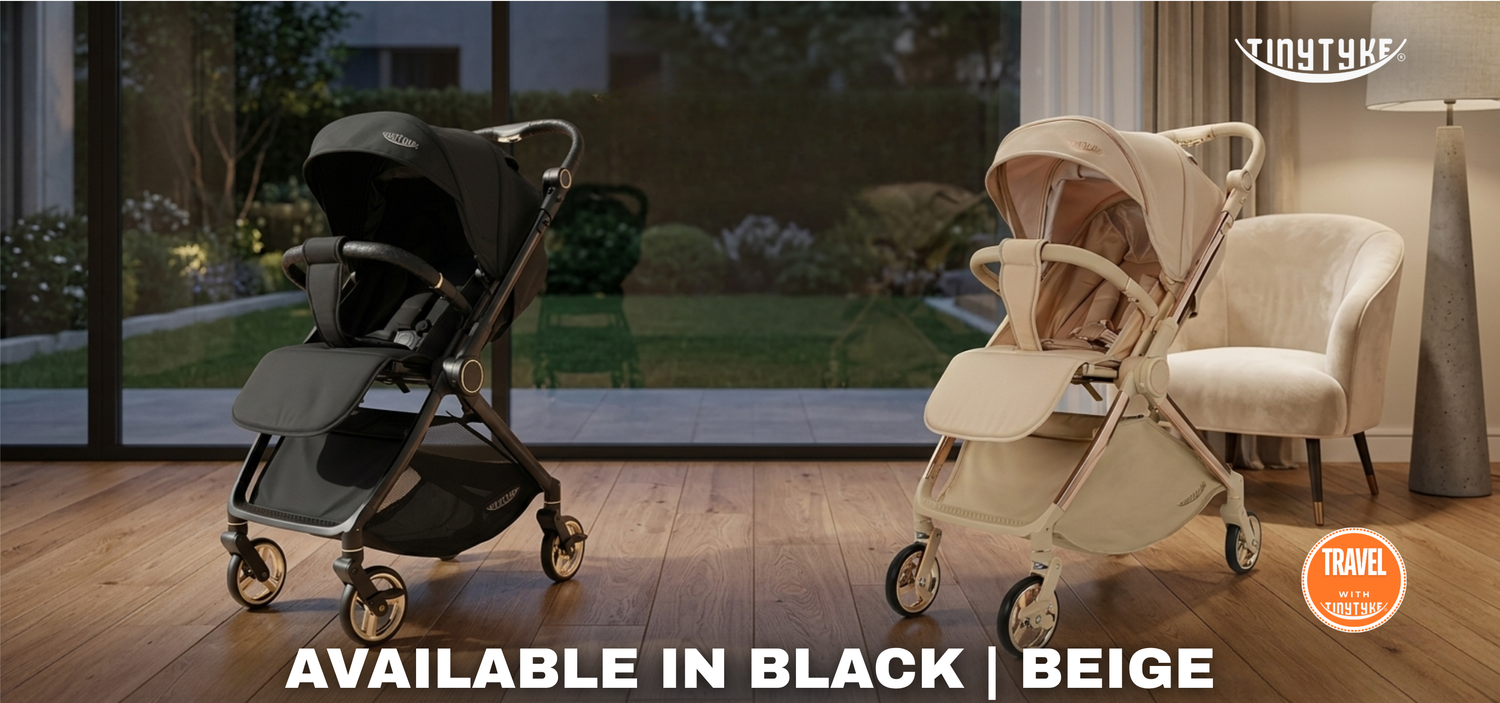 TinyTyke T9 Click and Go stroller folded view in available colours — beige and black compact fold comparison side by side