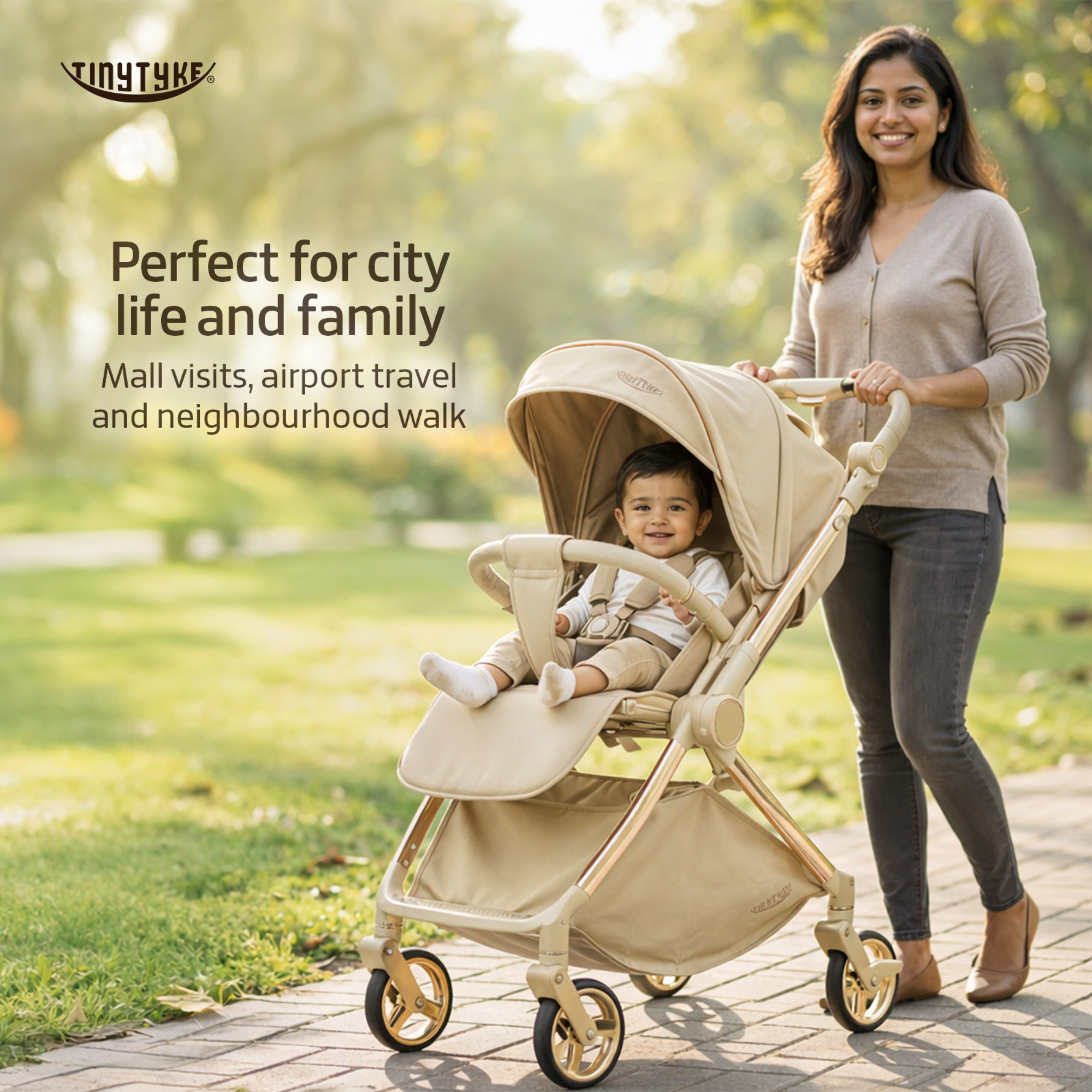 TinyTyke T9 Click and Go stroller lifestyle — beige, Indian parent and baby on city walk, premium everyday pram India