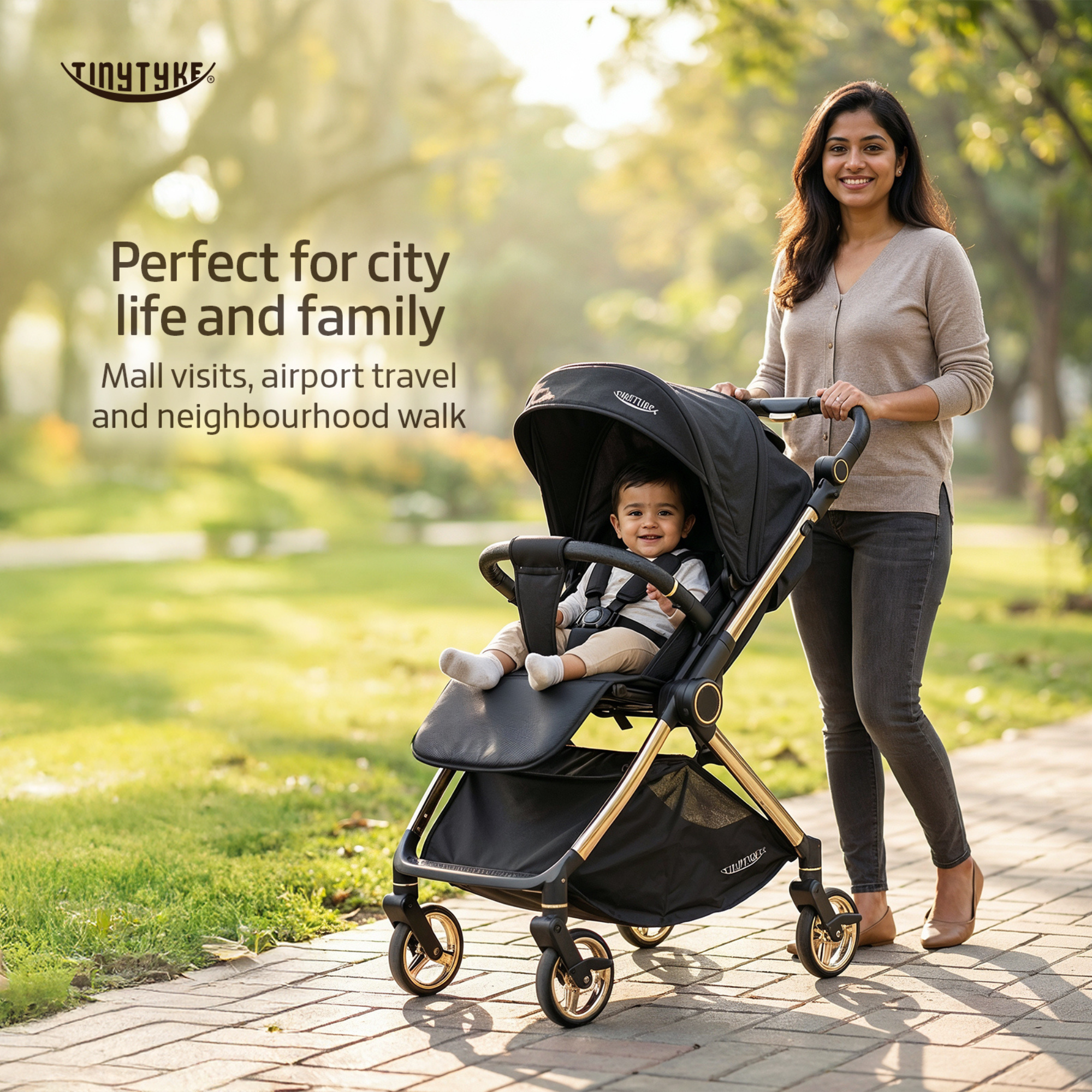 TinyTyke T9 Click and Go stroller lifestyle — black, Indian parent on city walk with baby, premium reversible handle pram