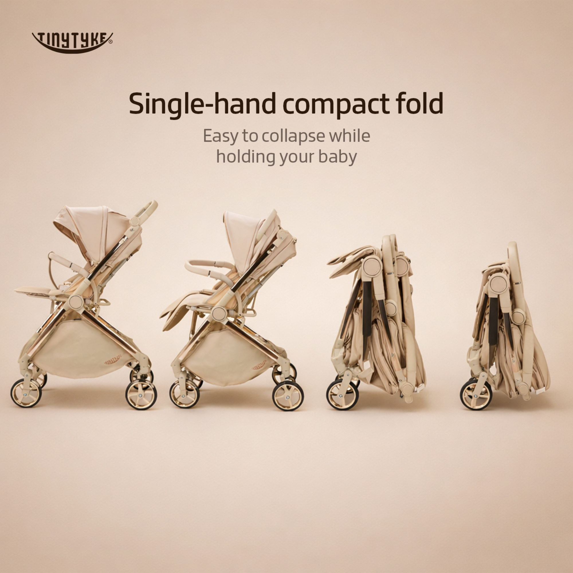 TinyTyke T9 Stroller One-Touch Fold Feature – Beige, Shock Absorption Pram