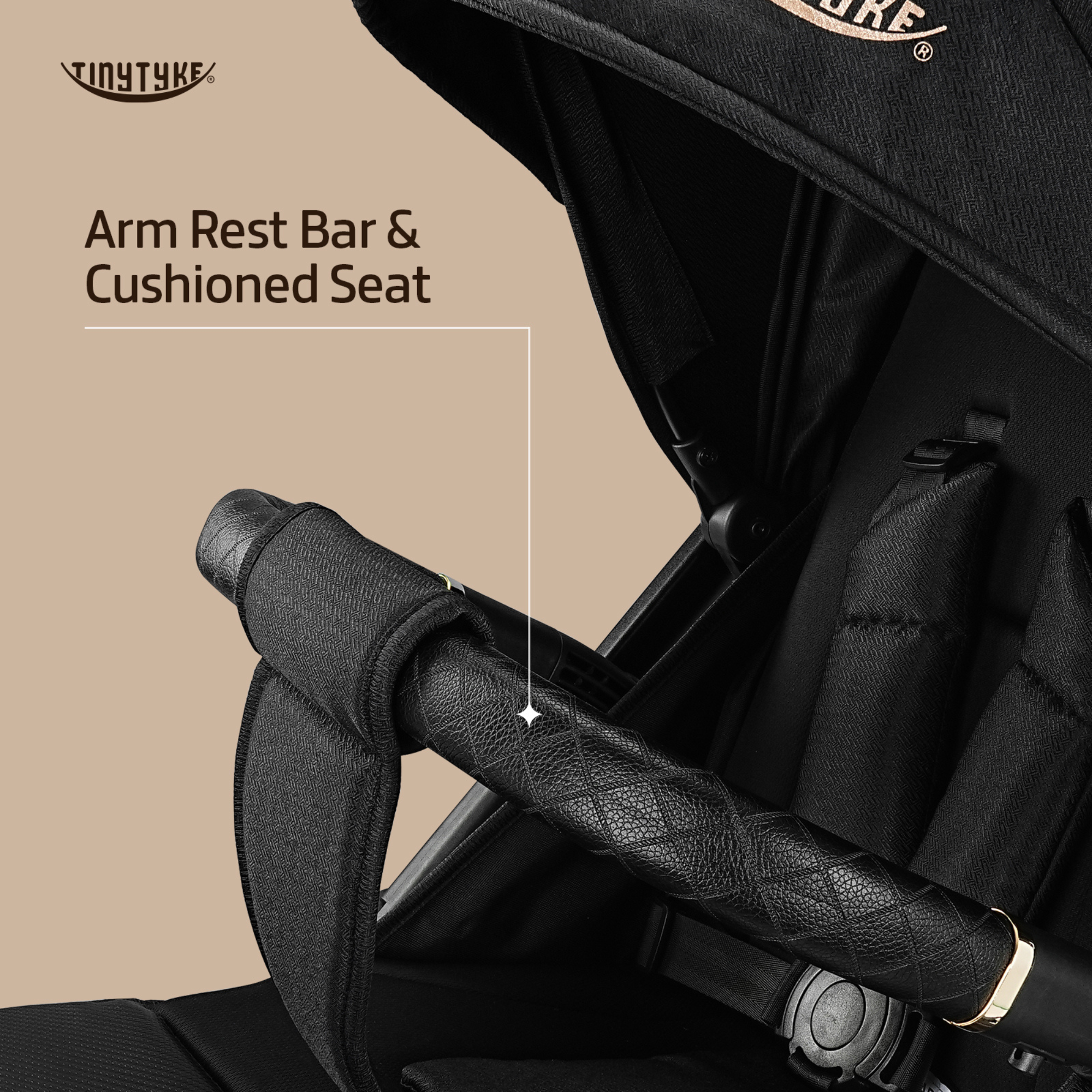 TinyTyke T9 stroller premium leather linen seat — black, elegant soft breathable fabric easy to wipe clean after daily use
