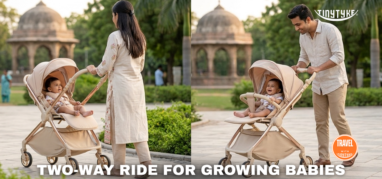 TinyTyke T9 stroller reversible handle — beige, switch between parent-facing and forward-facing in seconds without disturbing baby
