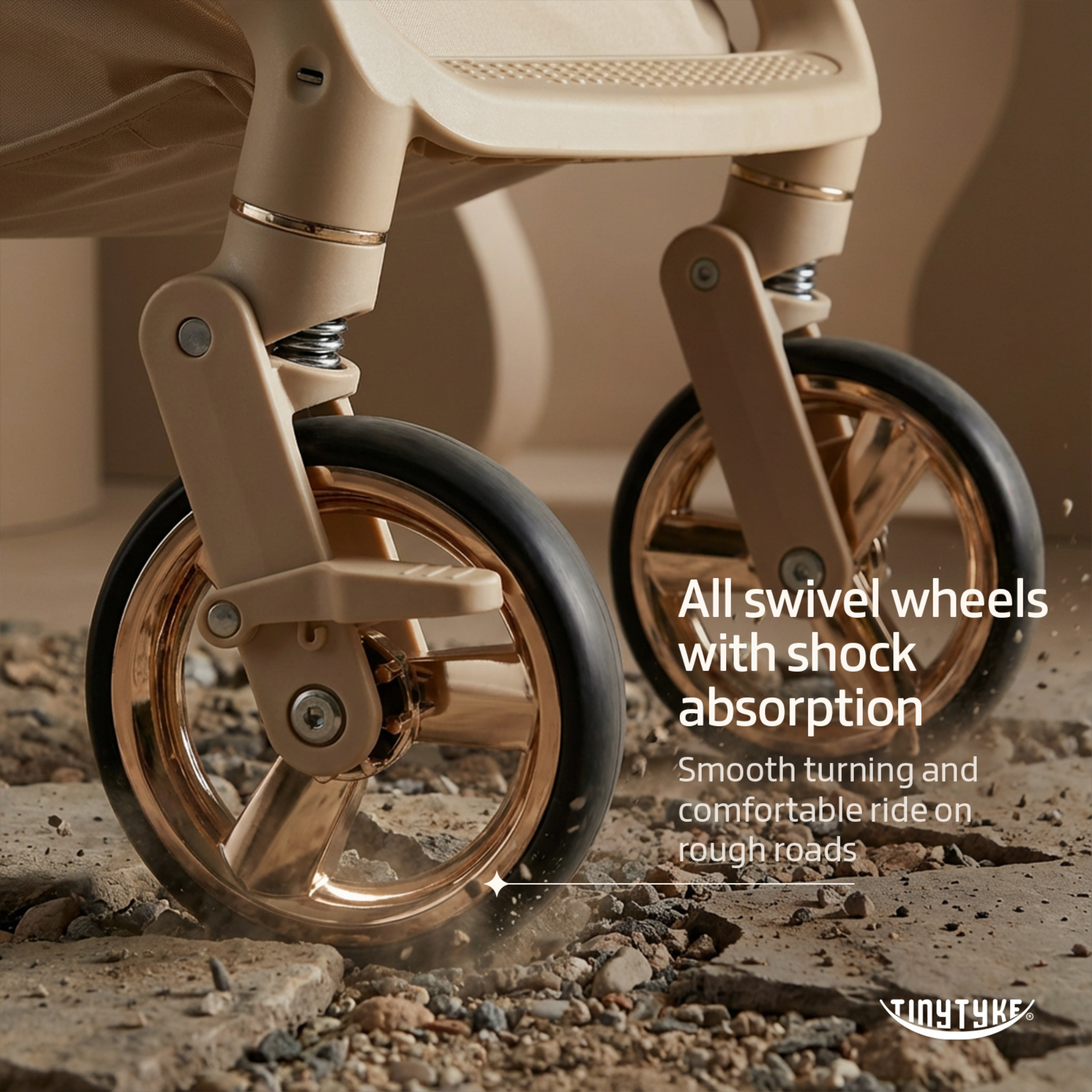 TinyTyke T9 stroller all-swivel shock-absorbing wheels — beige, 5.5-inch glides smoothly over uneven Indian roads and ramps