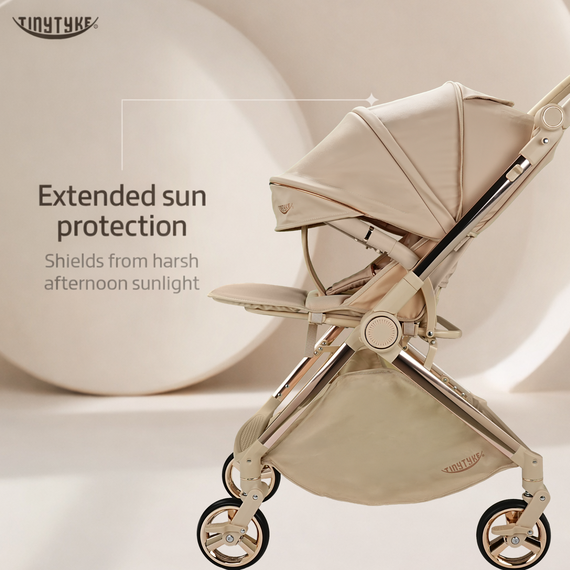TinyTyke T9 stroller extended sun protection shield — beige, full sun wind and light rain protection
